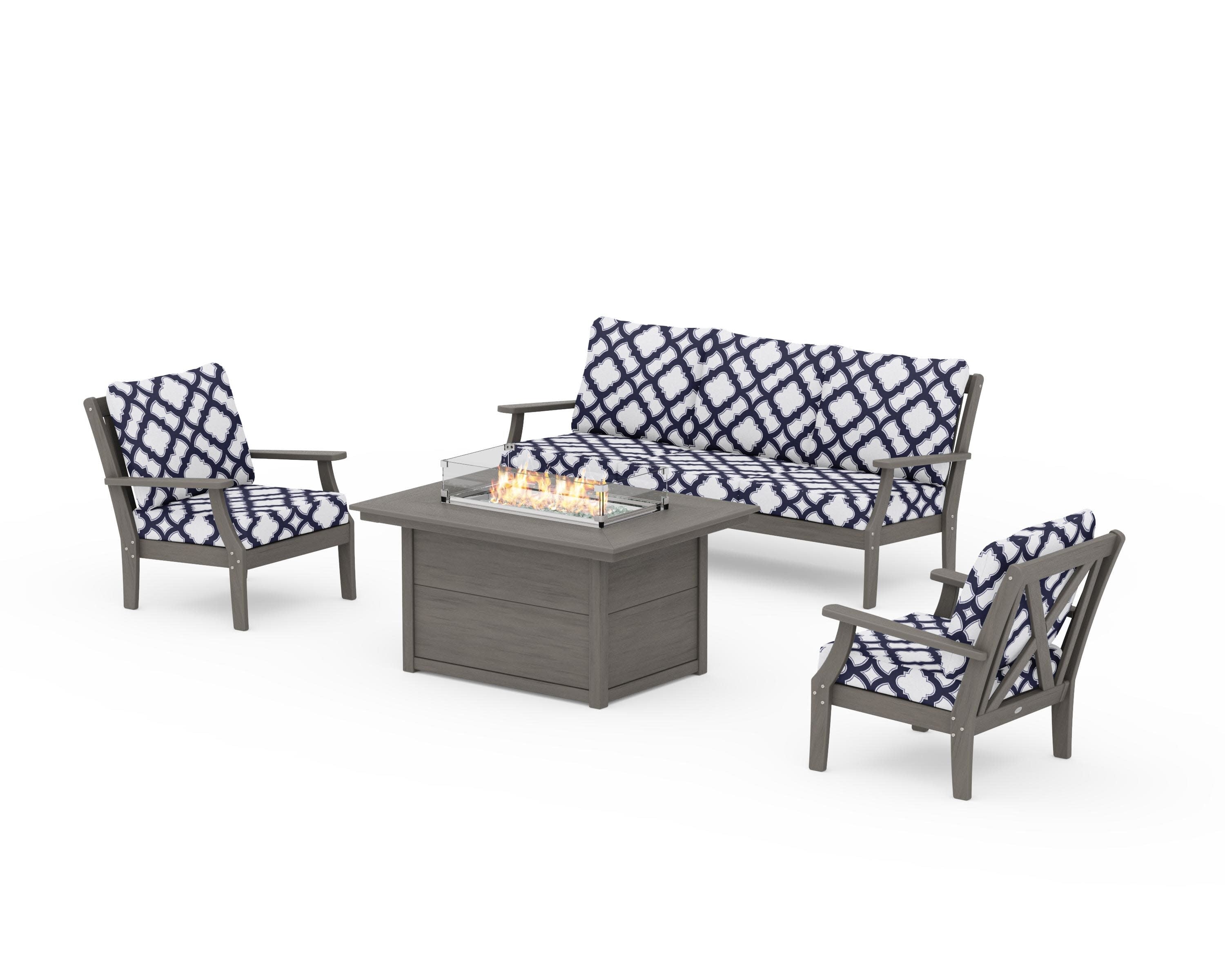 Braxton Deep Seating Fire Pit Table Set in Driftwood / Trellis Navy