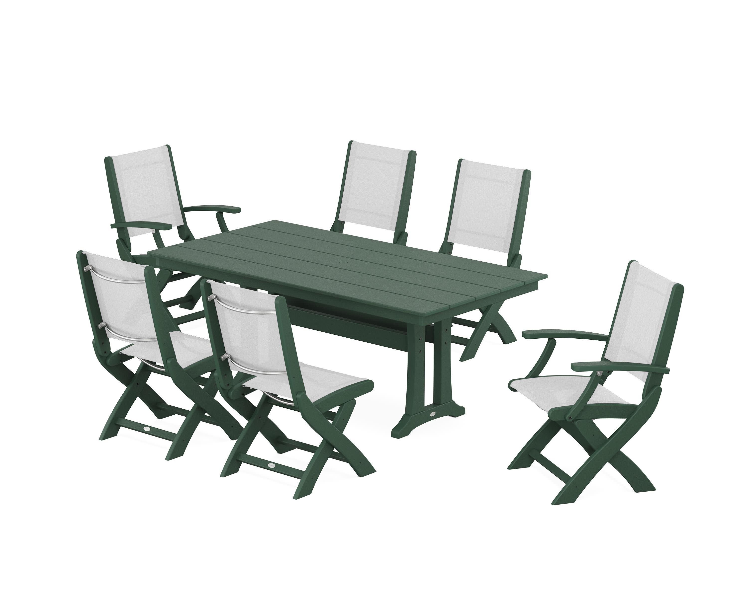 Coastal Folding Chair 7-Piece Farmhouse Dining Set with Trestle Legs in Green / White Sling