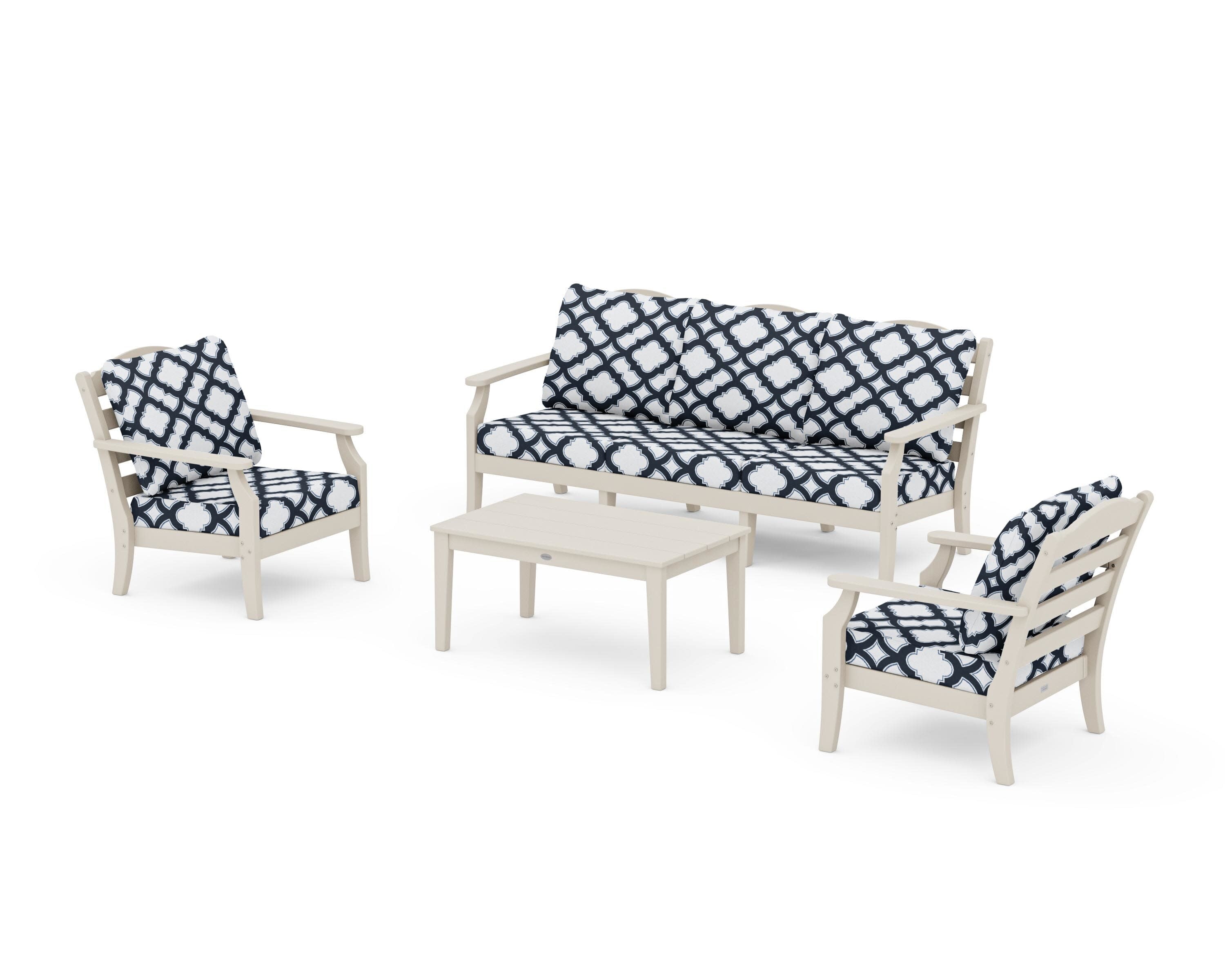 Savannah 4-Piece Deep Seating Set with Sofa in Sand / Trellis Marine Indigo