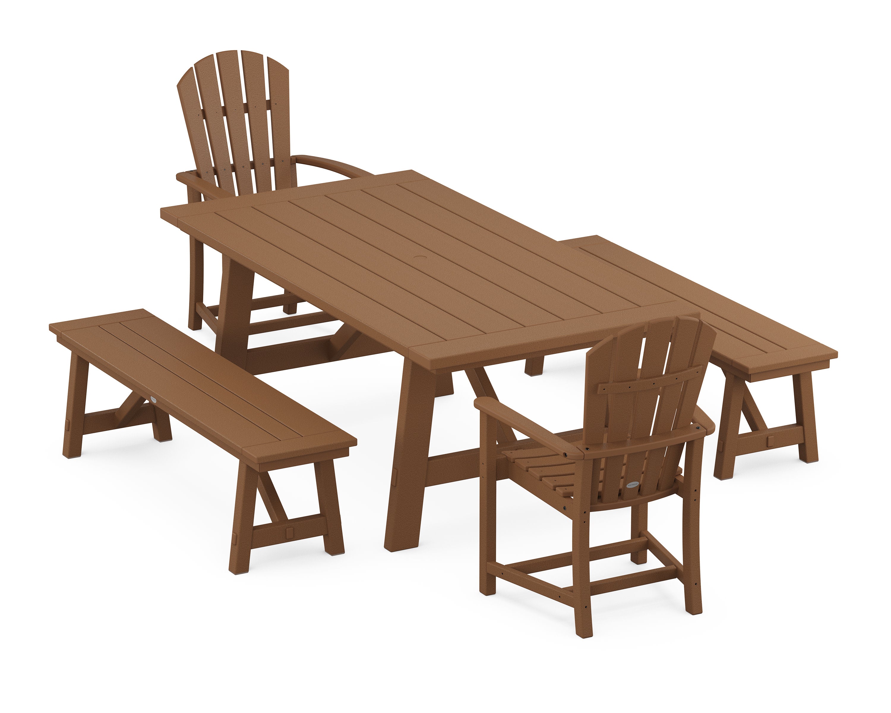 Palm Coast 5-Piece Rustic Farmhouse Dining Set With Benches in Teak