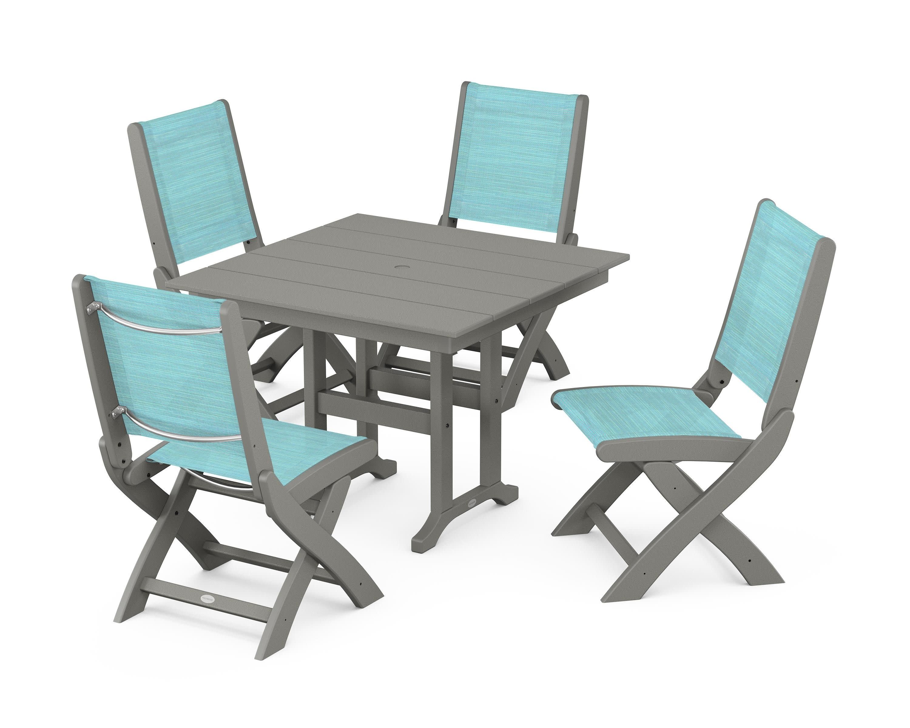 Coastal Folding Side Chair 5-Piece Farmhouse Dining Set in Slate Grey / Dupioni Aquamarine Sling