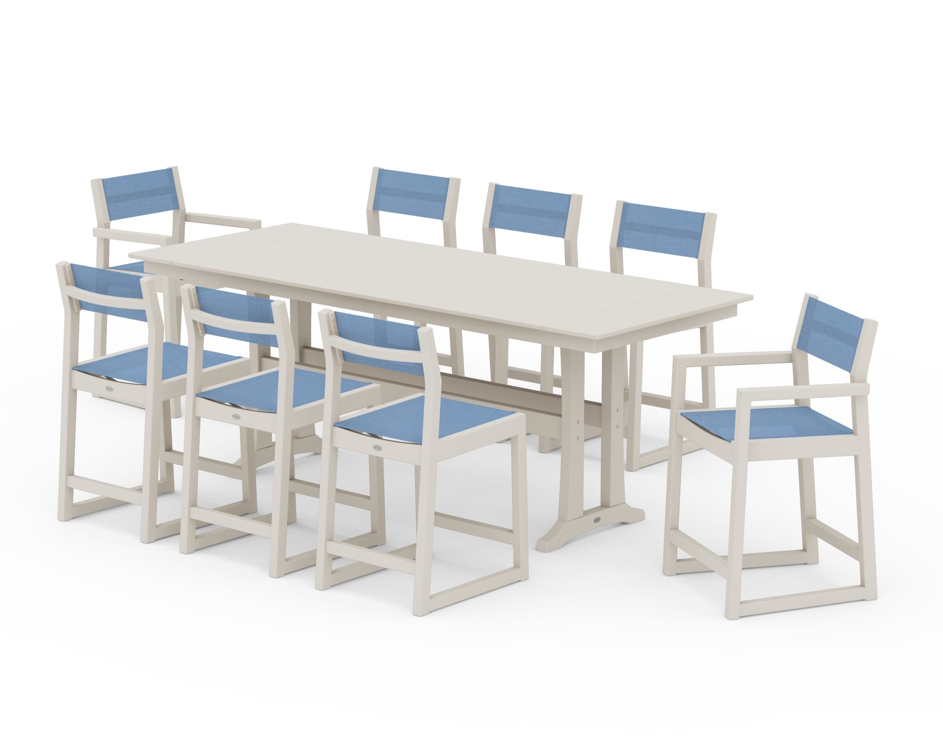EDGE Sling 9-Piece Farmhouse Counter Set with Trestle Legs in Sand / Poolside Sling