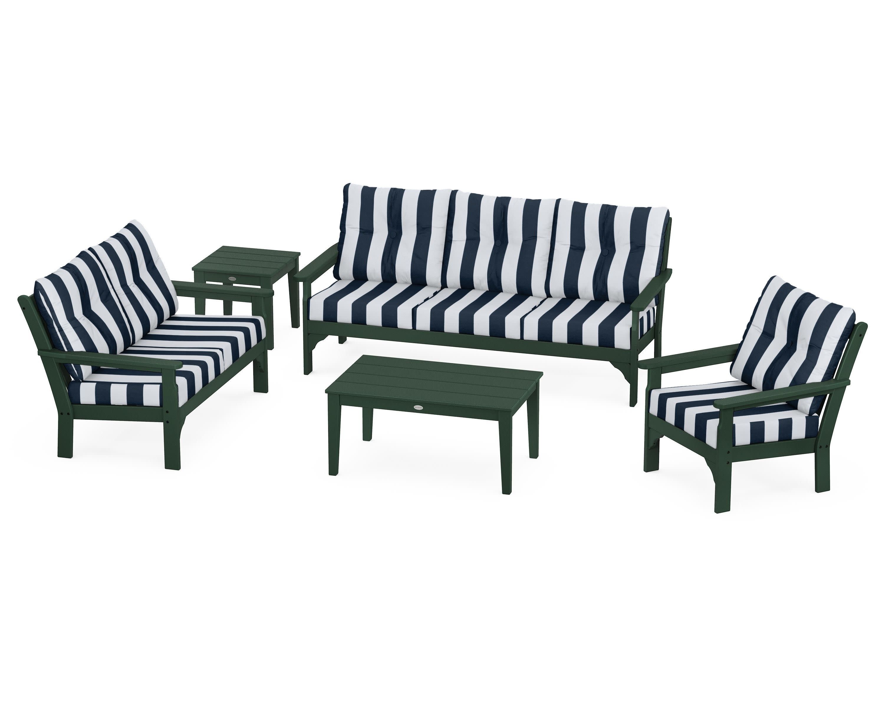 Vineyard 5 Piece Deep Seating Set in Green / Cabana Stripe Marine Indigo