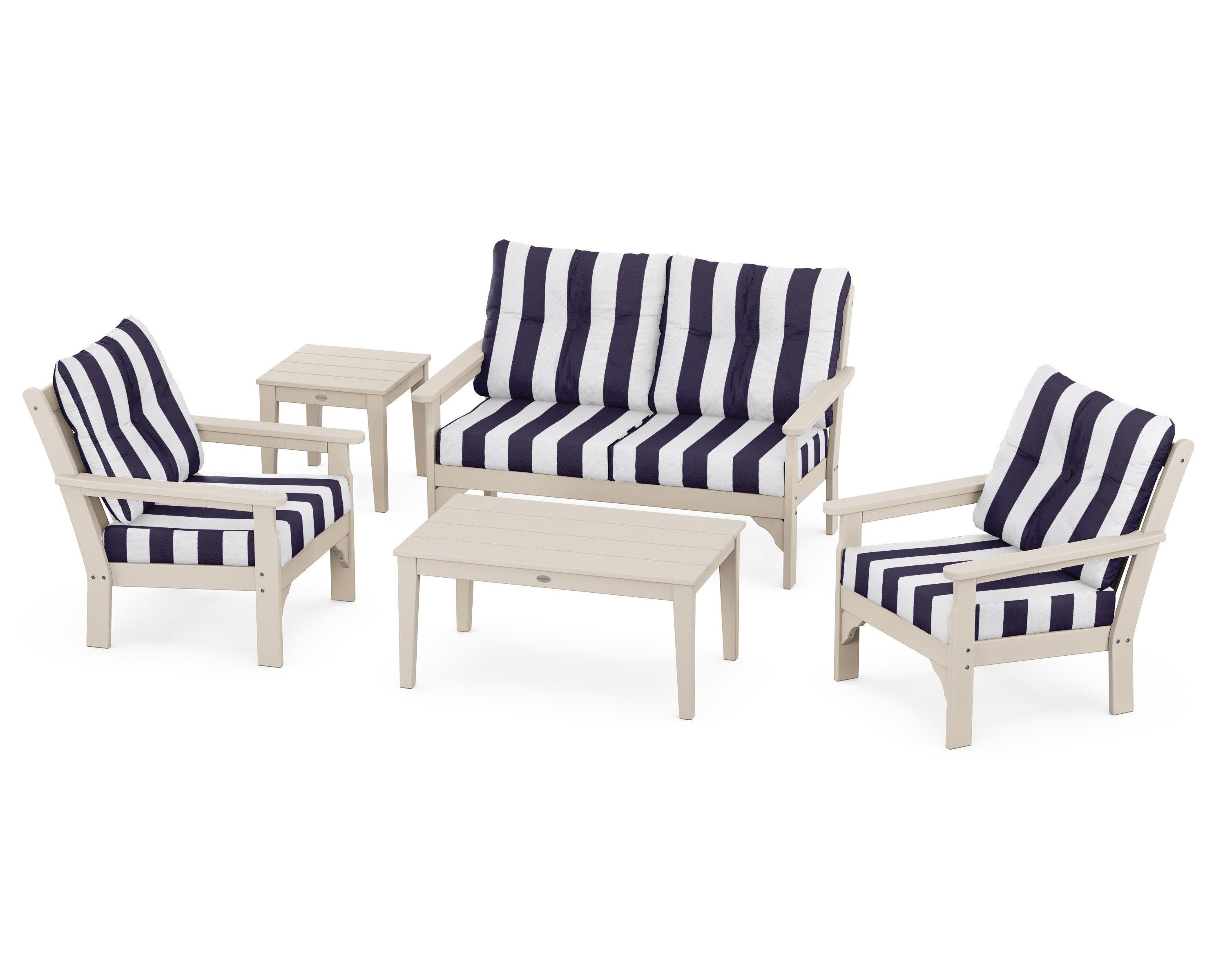 Vineyard 5-Piece Deep Seating Set in Sand / Cabana Stripe Navy