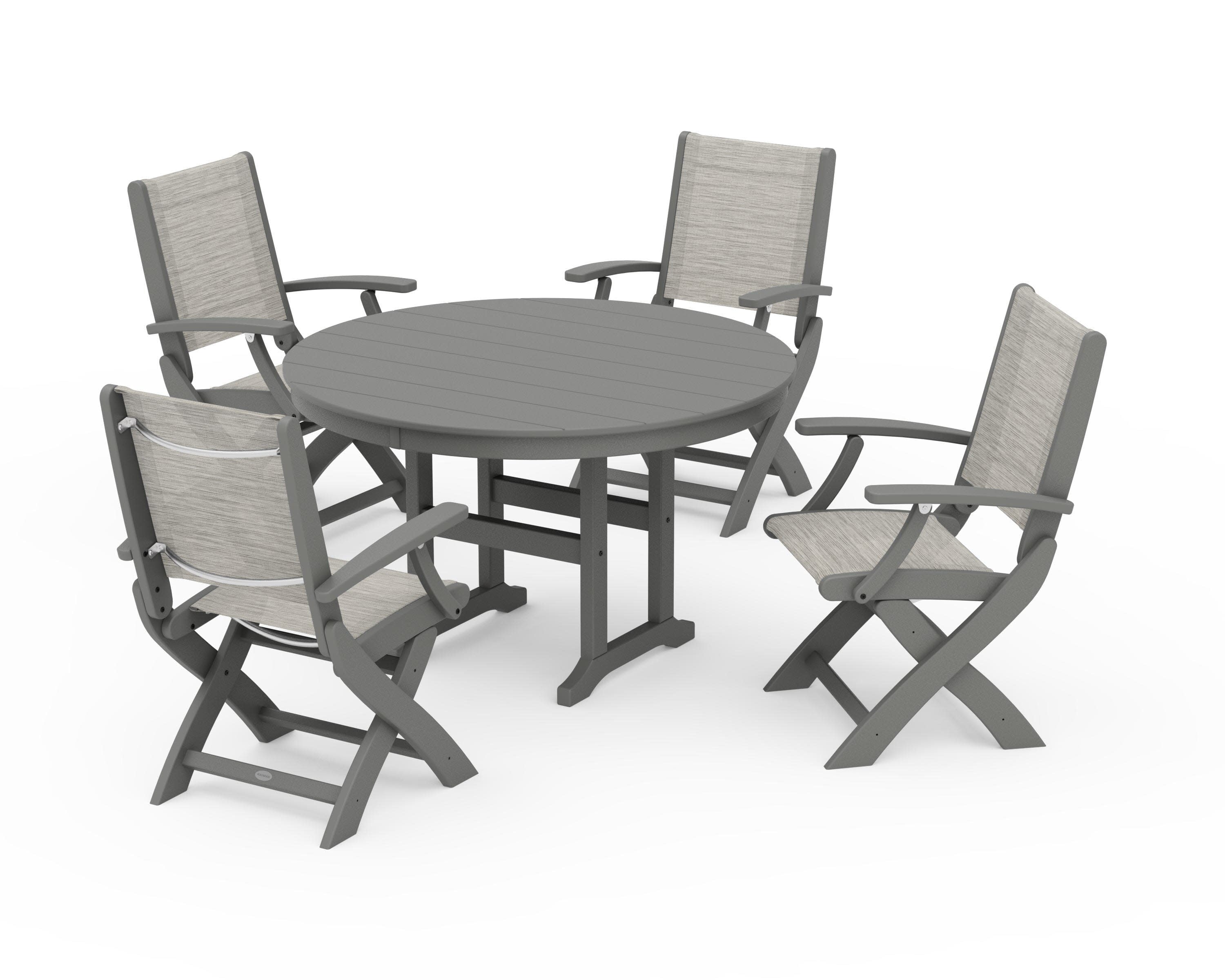 Coastal Folding Chair 5-Piece Round Dining Set in Slate Grey / Birch Sling