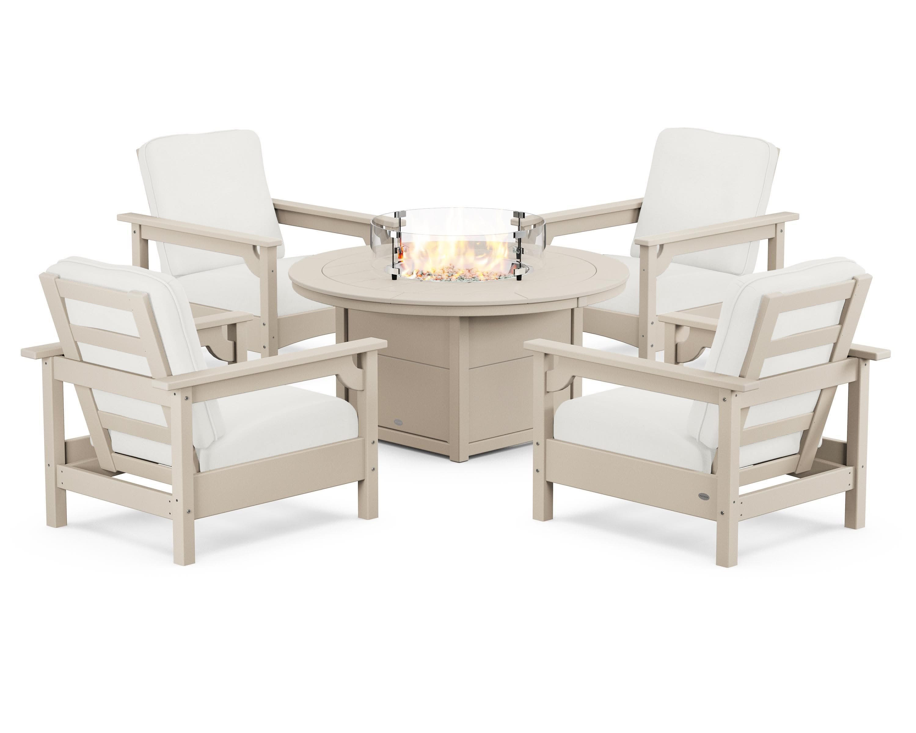 Club 5-Piece Conversation Set with Fire Pit Table in Sand / Natural Linen
