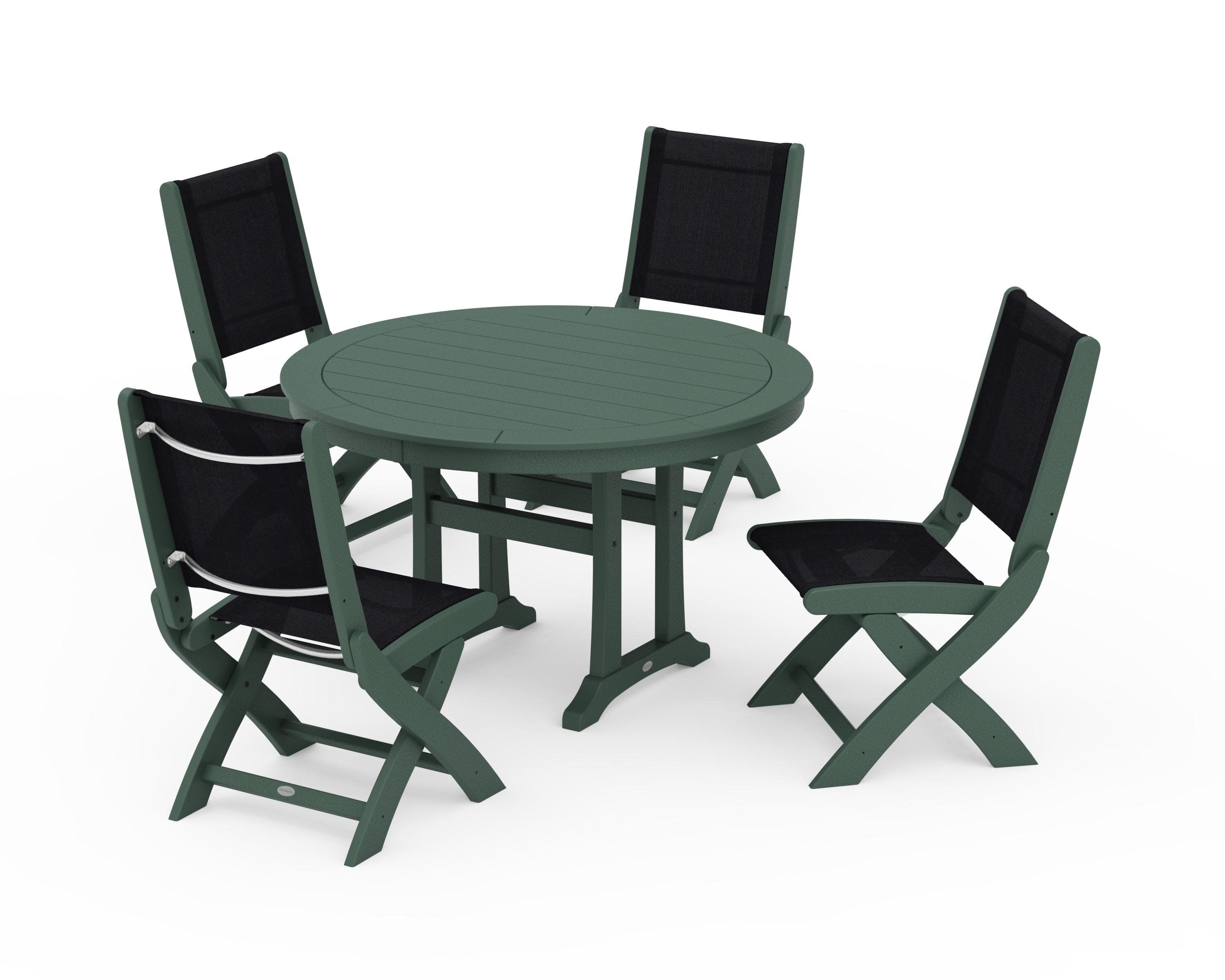 Coastal Folding Side Chair 5-Piece Round Dining Set With Trestle Legs in Green / Black Sling