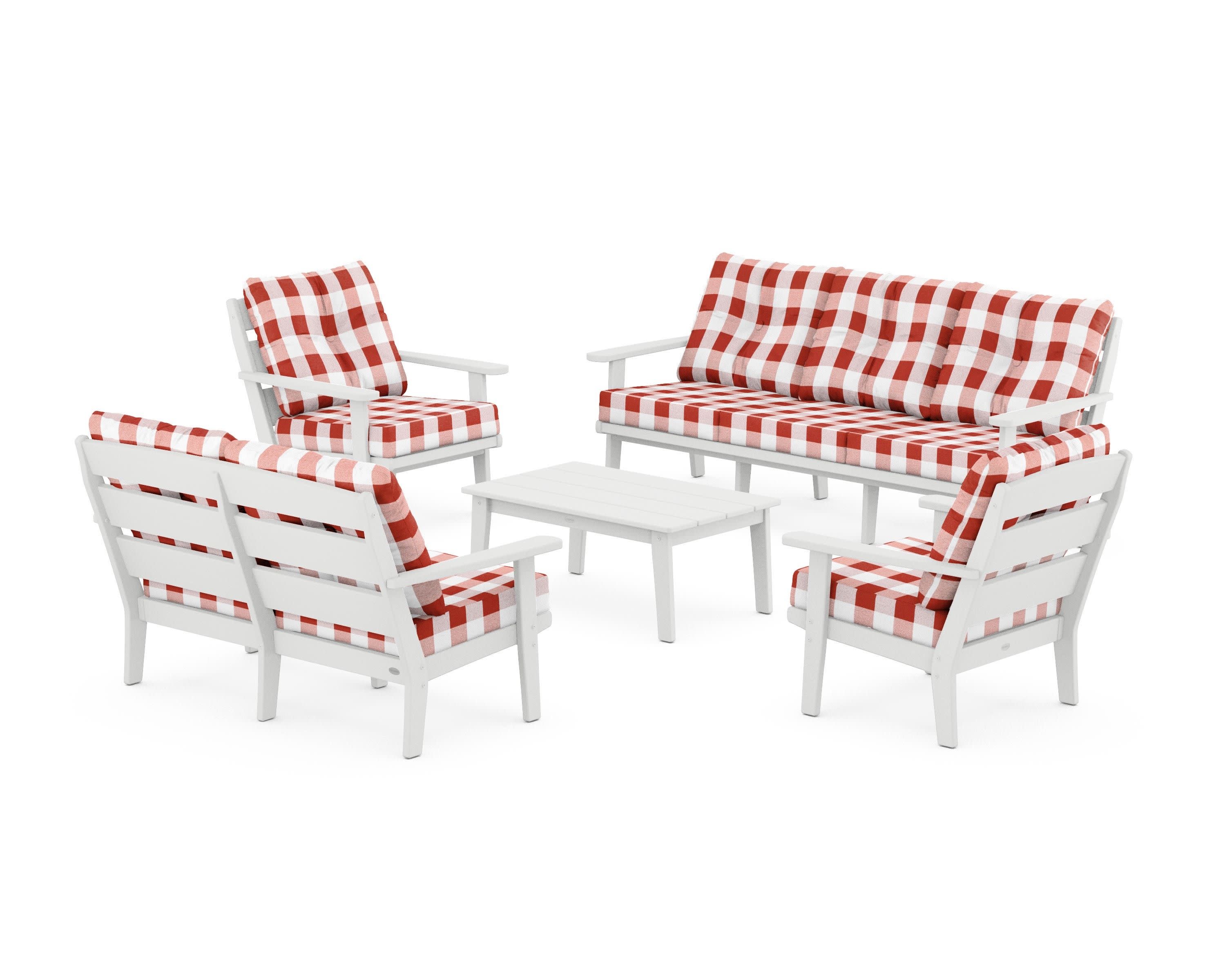 Lakeside 5-Piece Lounge Sofa Set in White / Buffalo Plaid Crimson