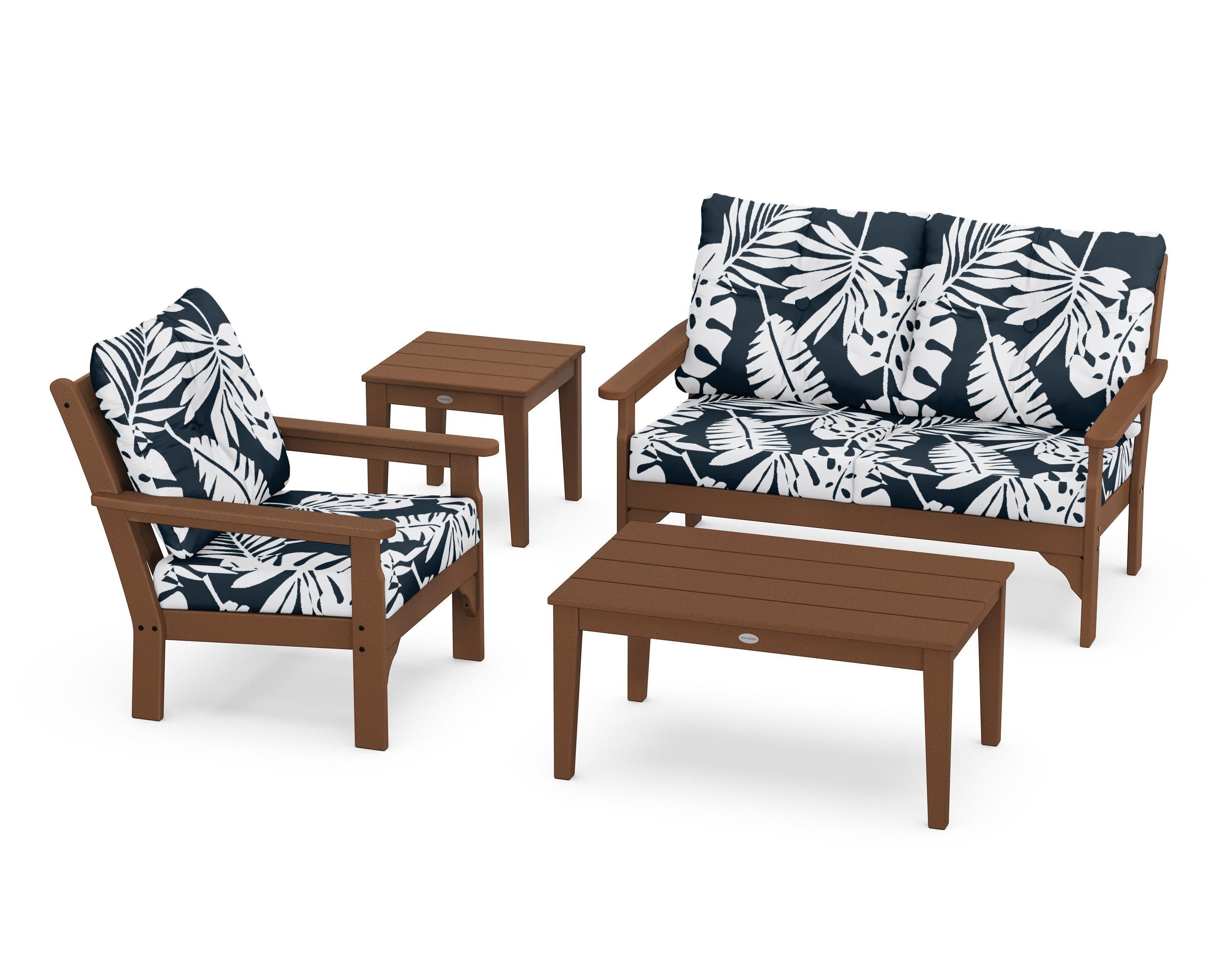 Vineyard 4-Piece Deep Seating Set in Teak / Leaf Marine Indigo