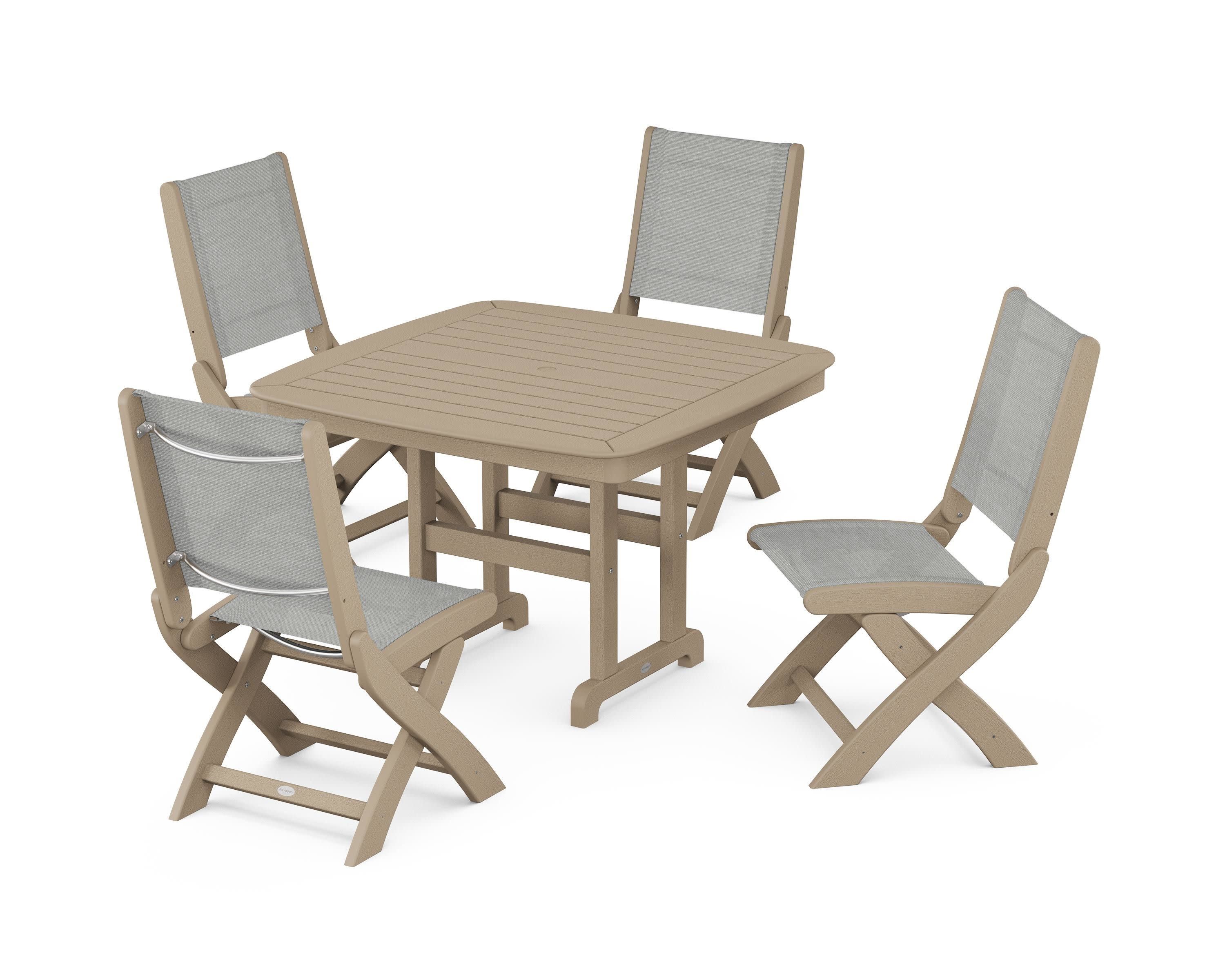Coastal Folding Side Chair 5-Piece Dining Set in Vintage Sahara / Metallic Sling