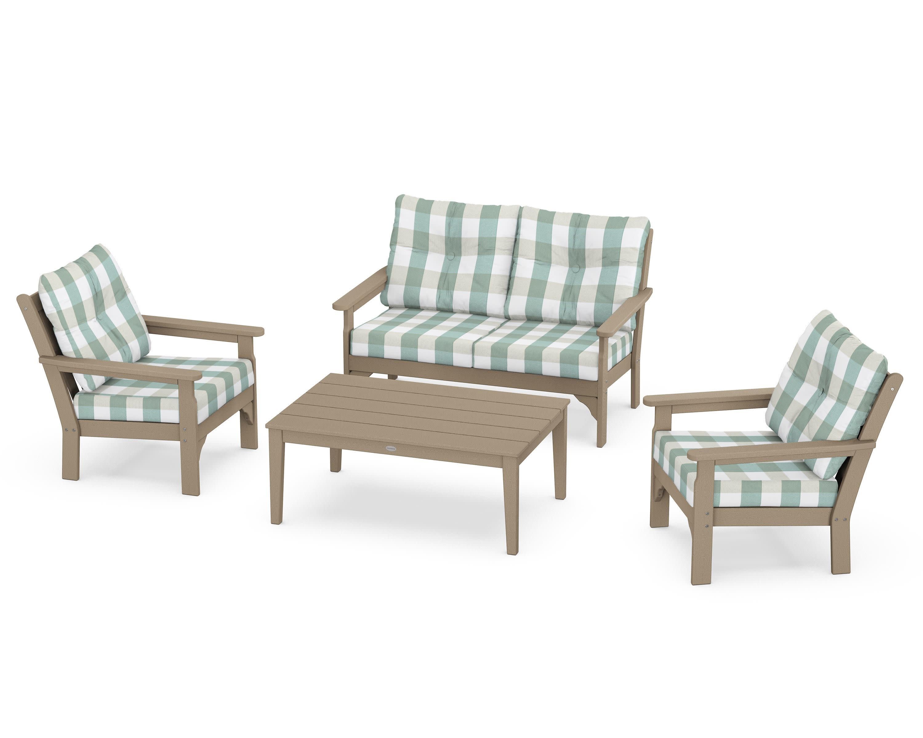 Vineyard 4-Piece Deep Seating Set in Vintage Sahara / Buffalo Plaid Glacier Spa