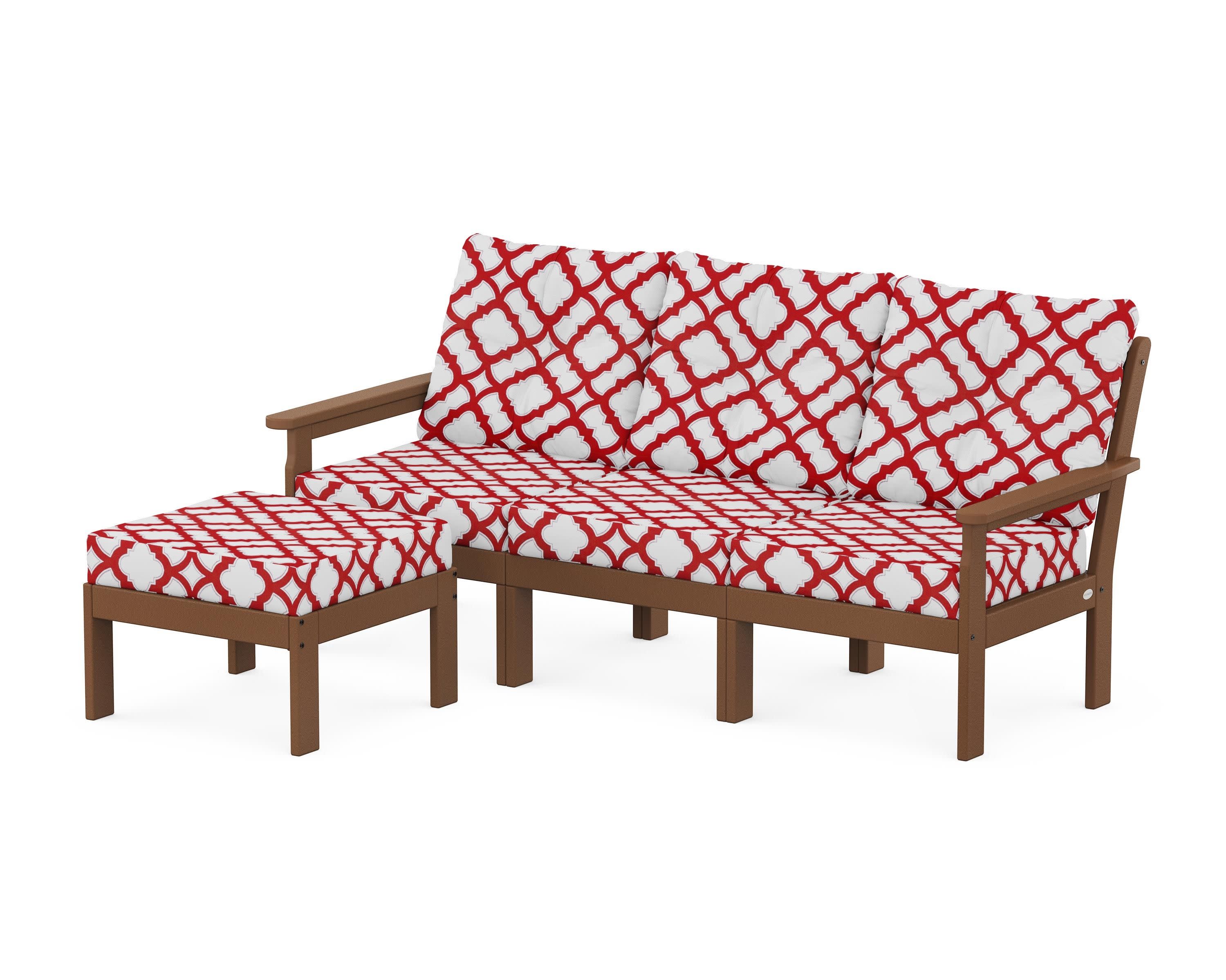Vineyard 4-Piece Sectional with Ottoman in Teak / Trellis Crimson