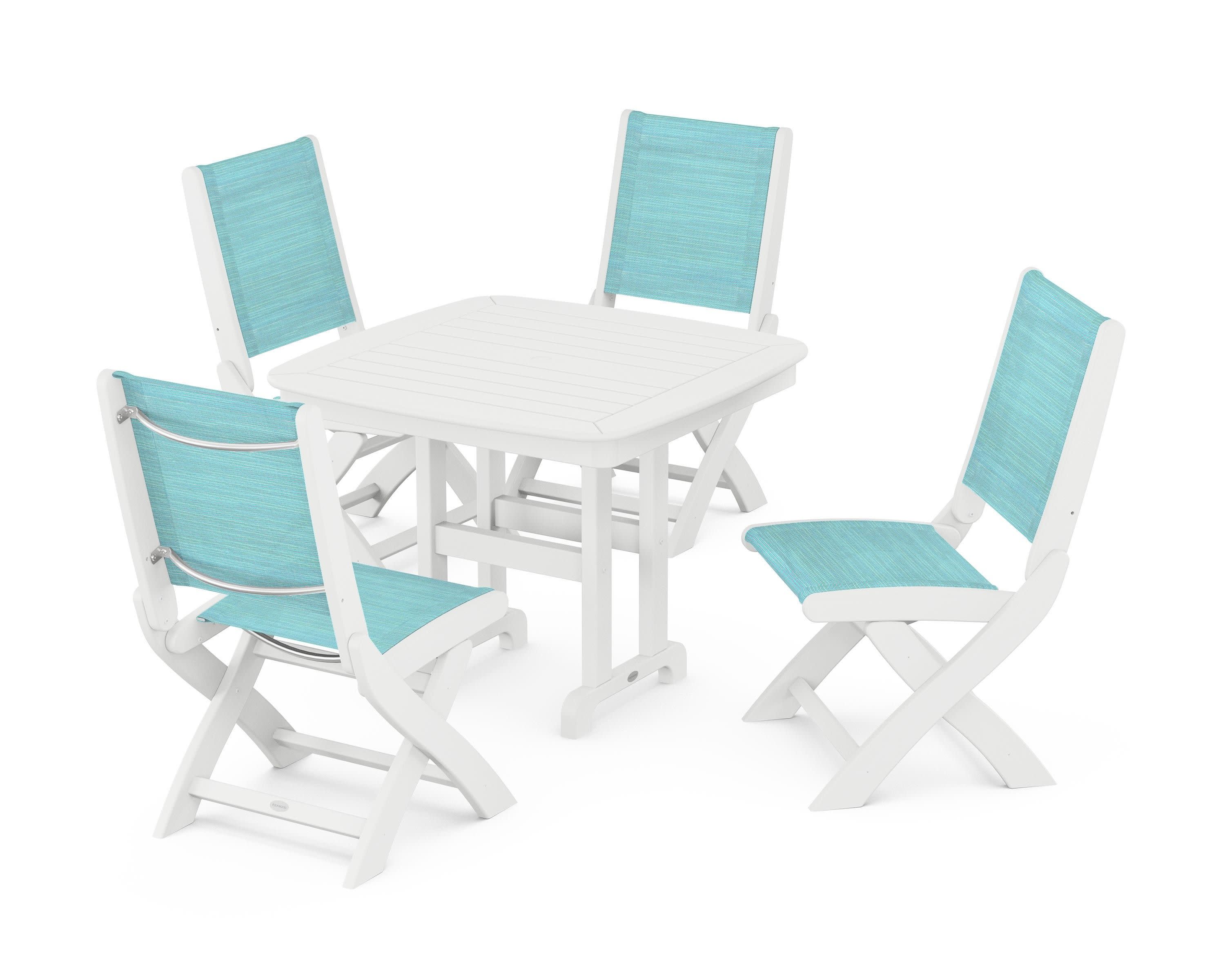 Coastal Folding Side Chair 5-Piece Dining Set in White / Dupioni Aquamarine Sling