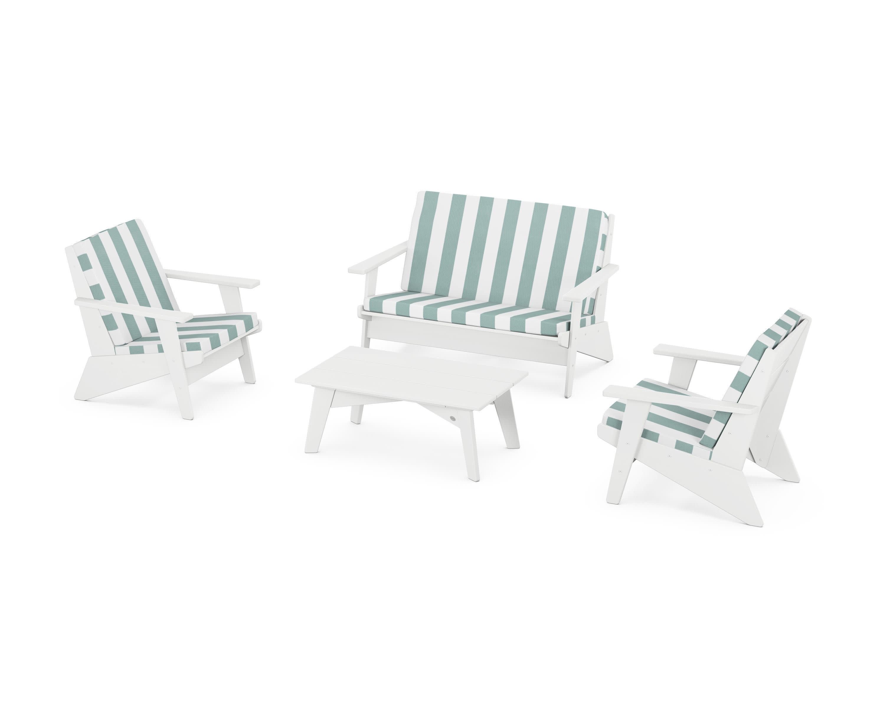 Riviera Modern Lounge 4-Piece Set in White / Cabana Stripe Glacier Spa