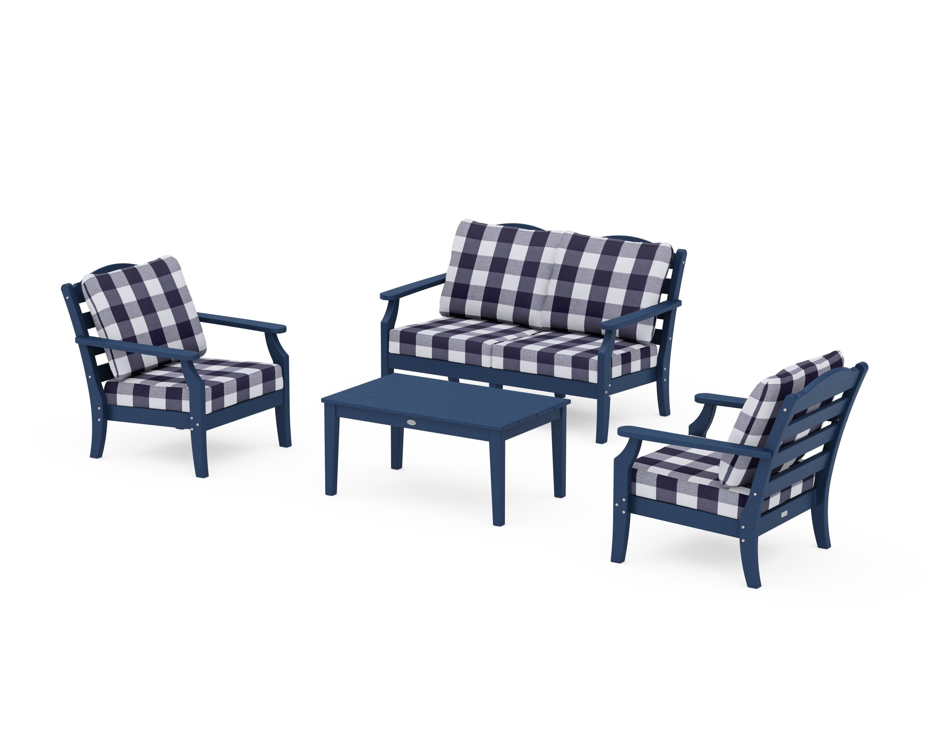 Savannah 4-Piece Deep Seating Set with Loveseat in Navy / Buffalo Plaid Navy