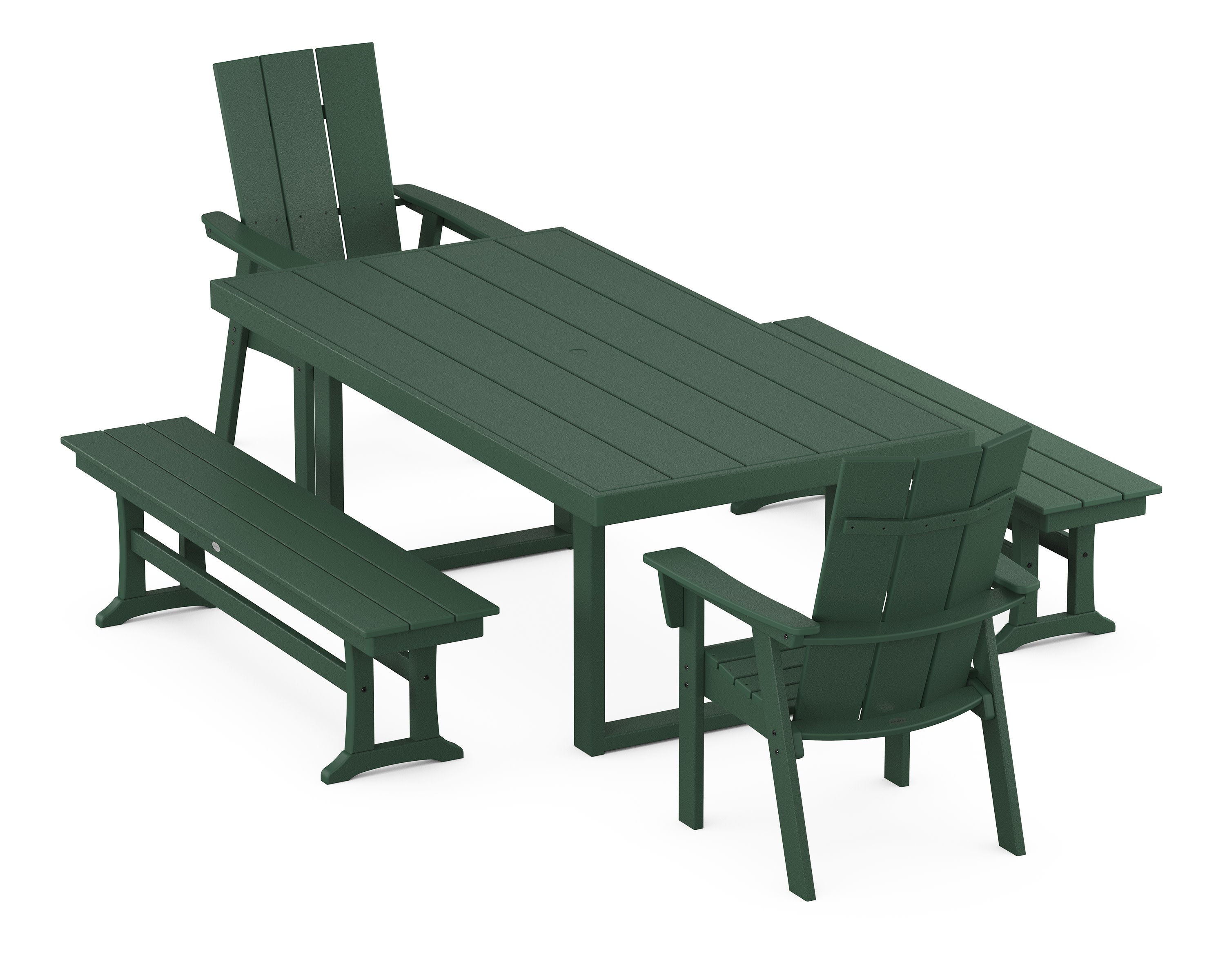 Modern Curveback Adirondack 5-Piece Dining Set with Benches in Green