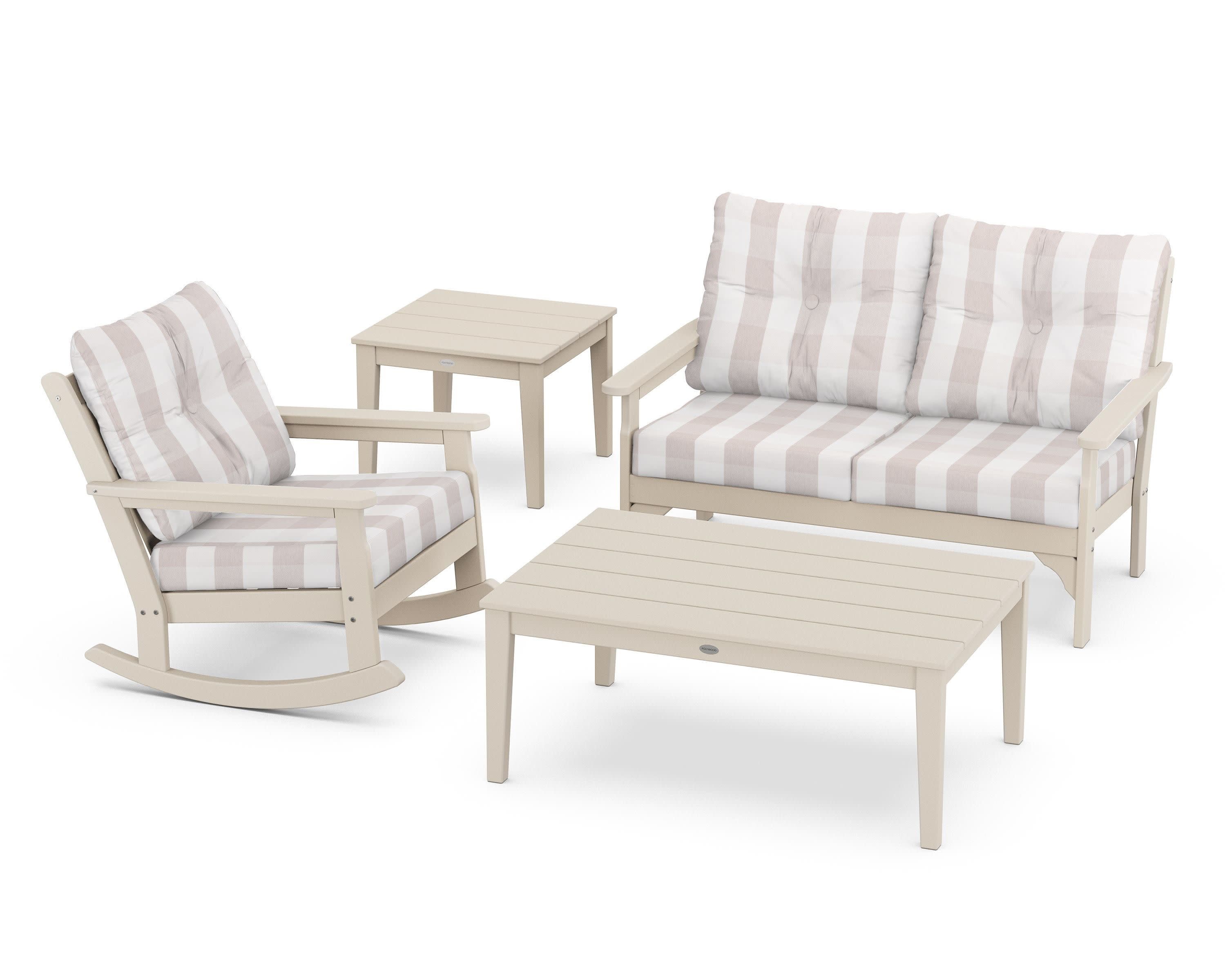 Vineyard 4-Piece Deep Seating Rocker Set in Sand / Buffalo Plaid Dune Burlap