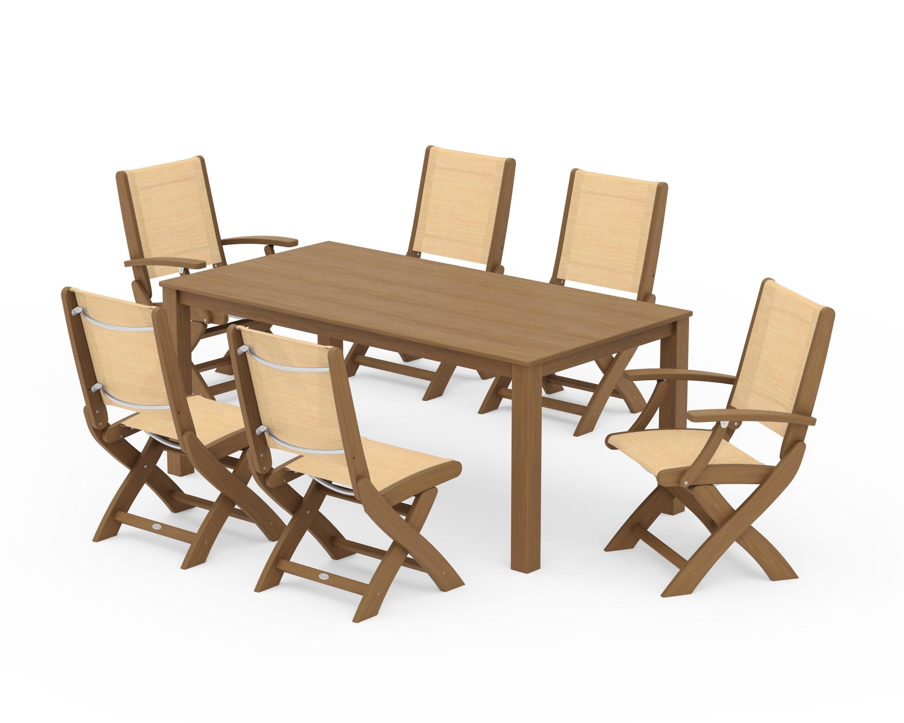 Coastal Folding Chair 7-Piece Parsons Dining Set in Natural / Dupioni Apricot Sling