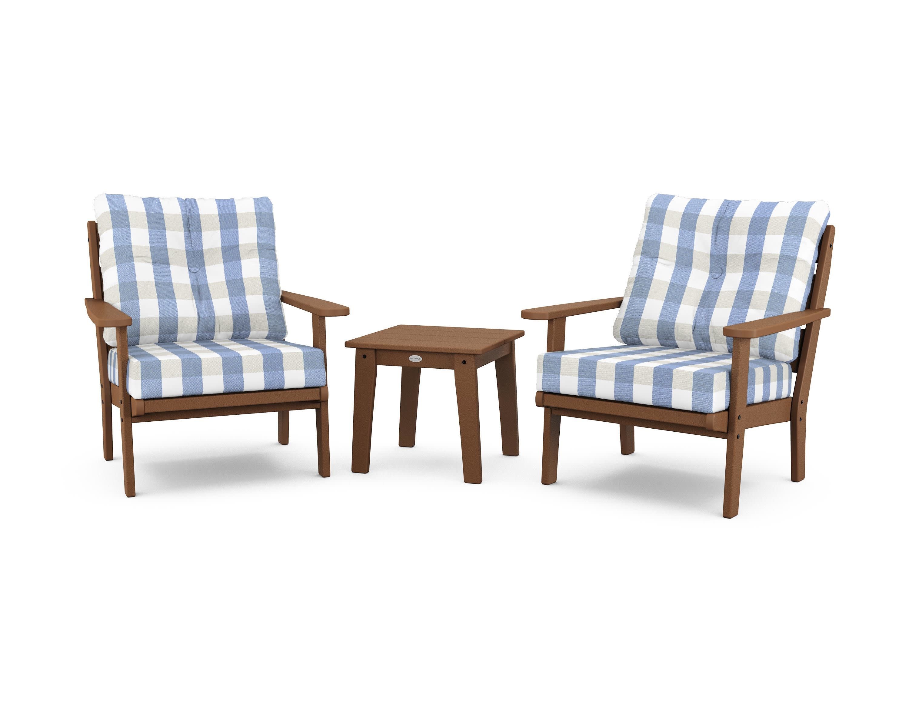 Lakeside 3-Piece Deep Seating Chair Set in Teak / Buffalo Plaid Sky Blue