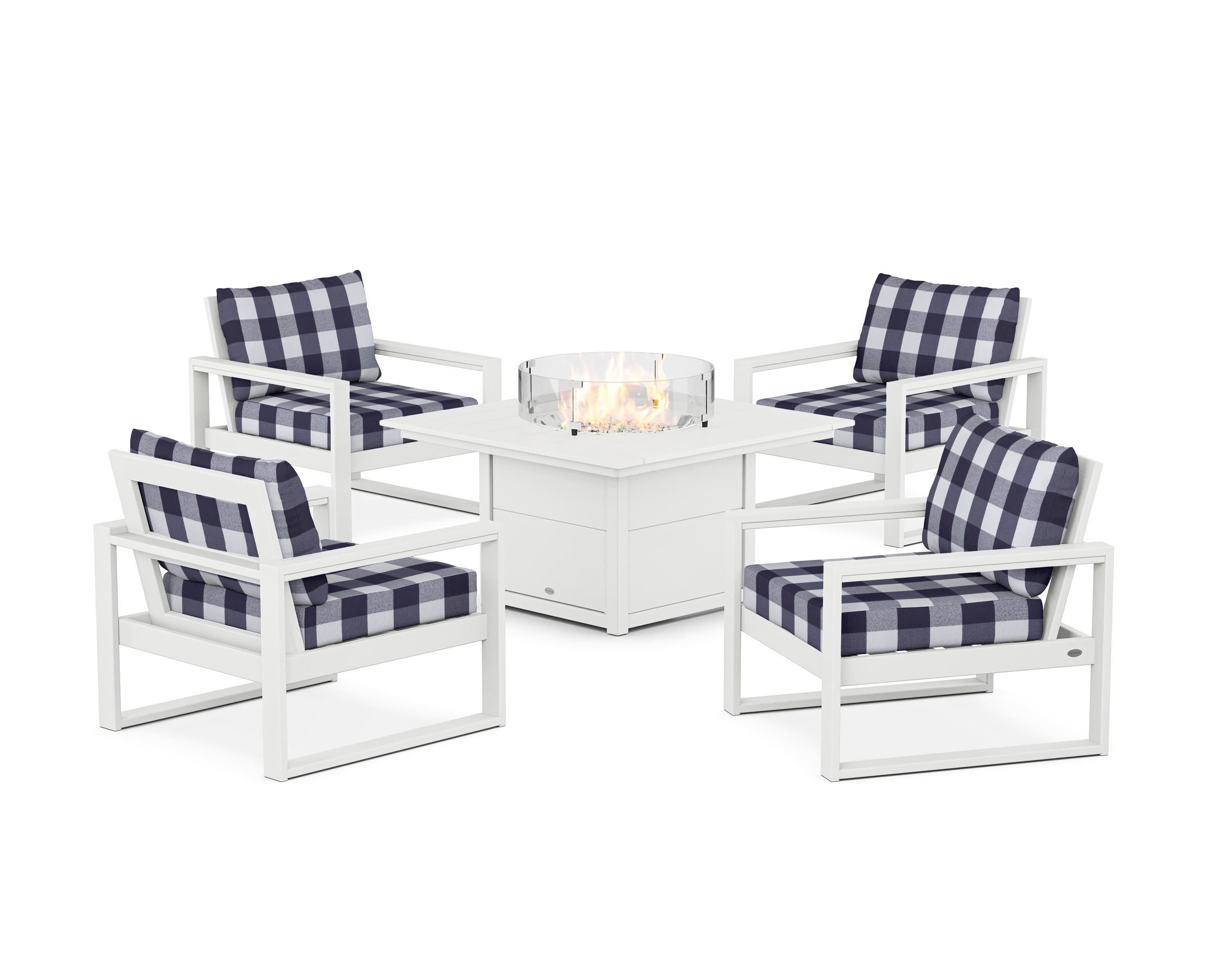 EDGE Sectional 5-Piece Deep Seating Set with Fire Pit Table in White / Buffalo Plaid Navy