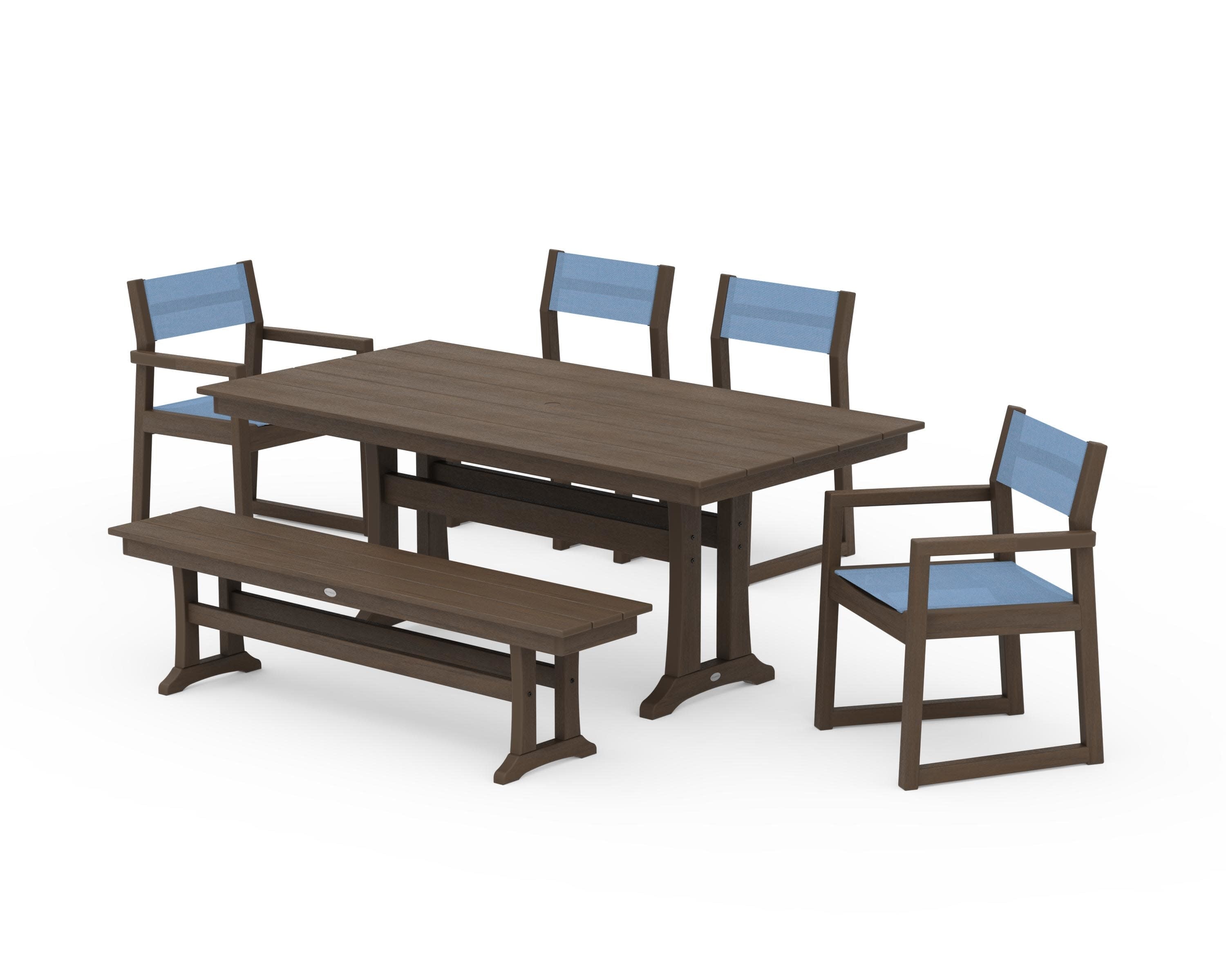 EDGE Sling 6-Piece Farmhouse Dining Set With Trestle Legs in Kona / Poolside Sling