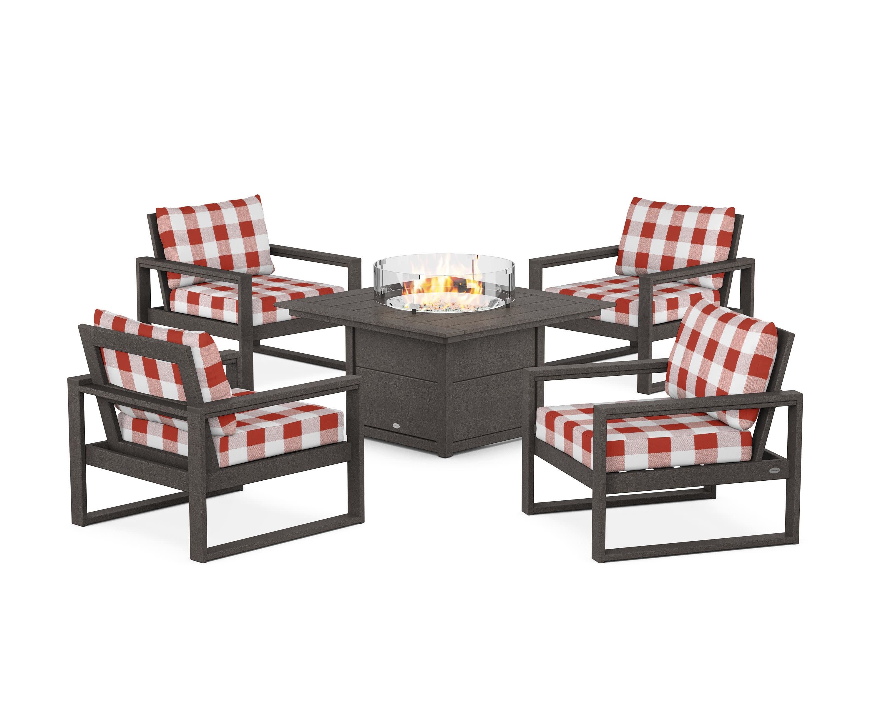 EDGE Sectional 5-Piece Deep Seating Set with Fire Pit Table in Vintage Coffee / Buffalo Plaid Crimson