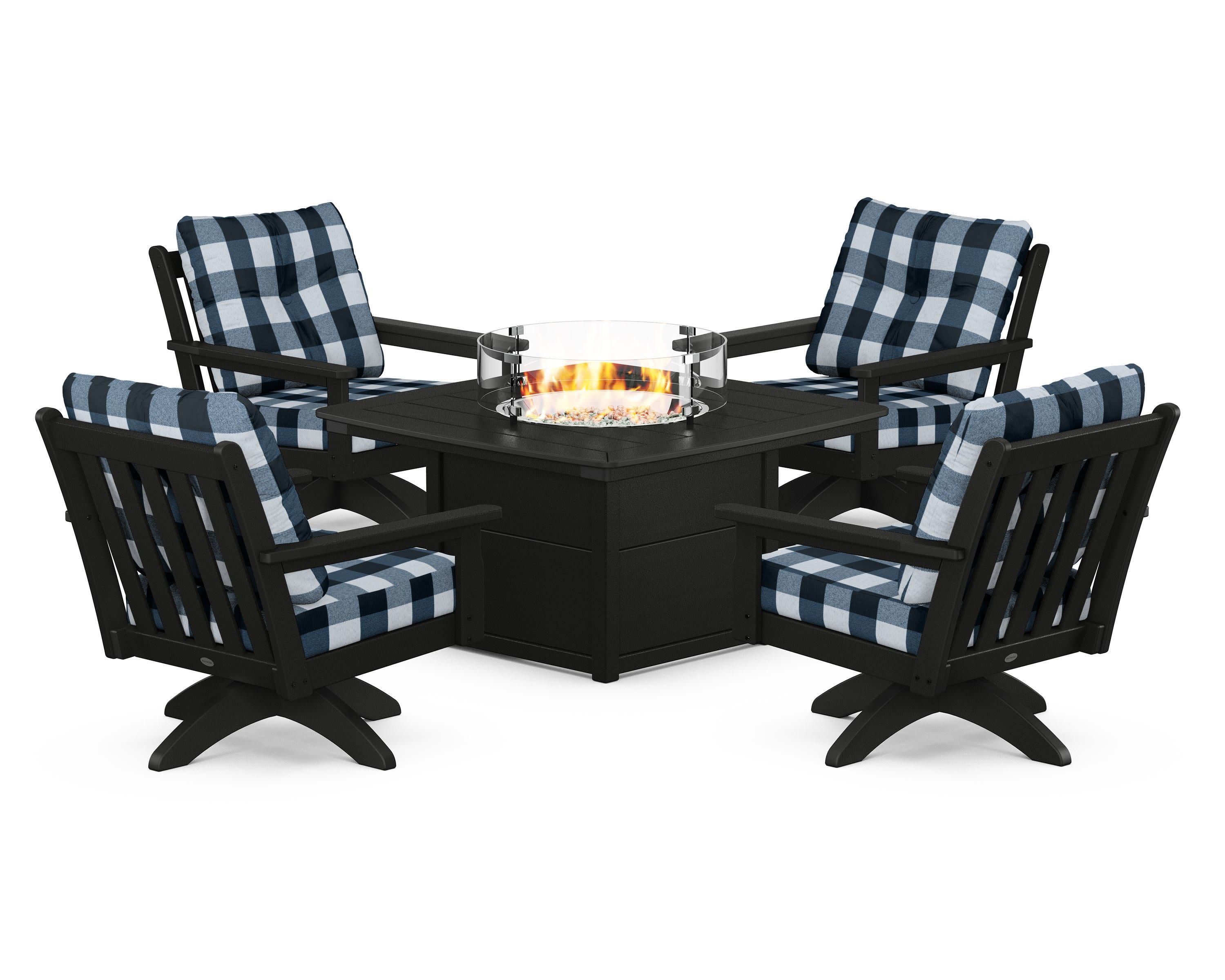 Vineyard 5-Piece Deep Seating Swivel Conversation Set with Fire Pit Table in Black / Buffalo Plaid Marine Indigo