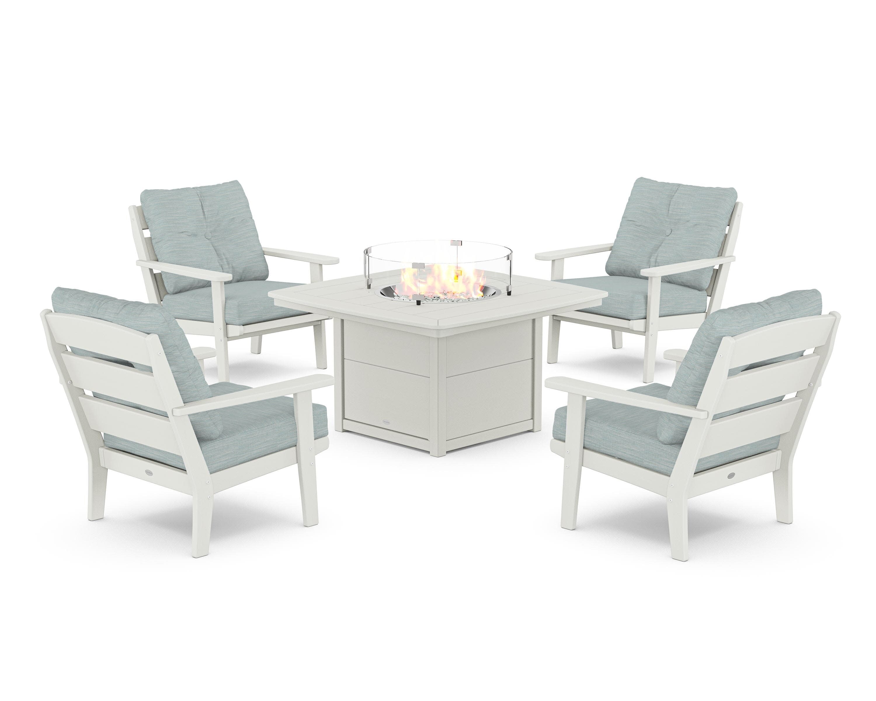 Lakeside 5-Piece Deep Seating Set with Nautical Fire Pit Table in Vintage White / Soothe Mist