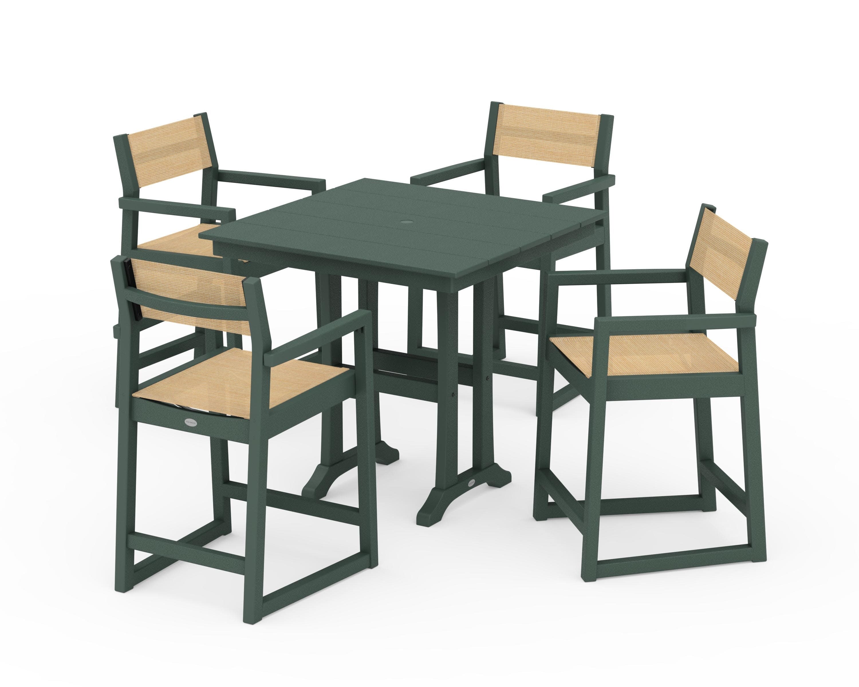 EDGE Sling Arm Chair 5-Piece Farmhouse Counter Set with Trestle Legs in Green / Dupioni Apricot Sling