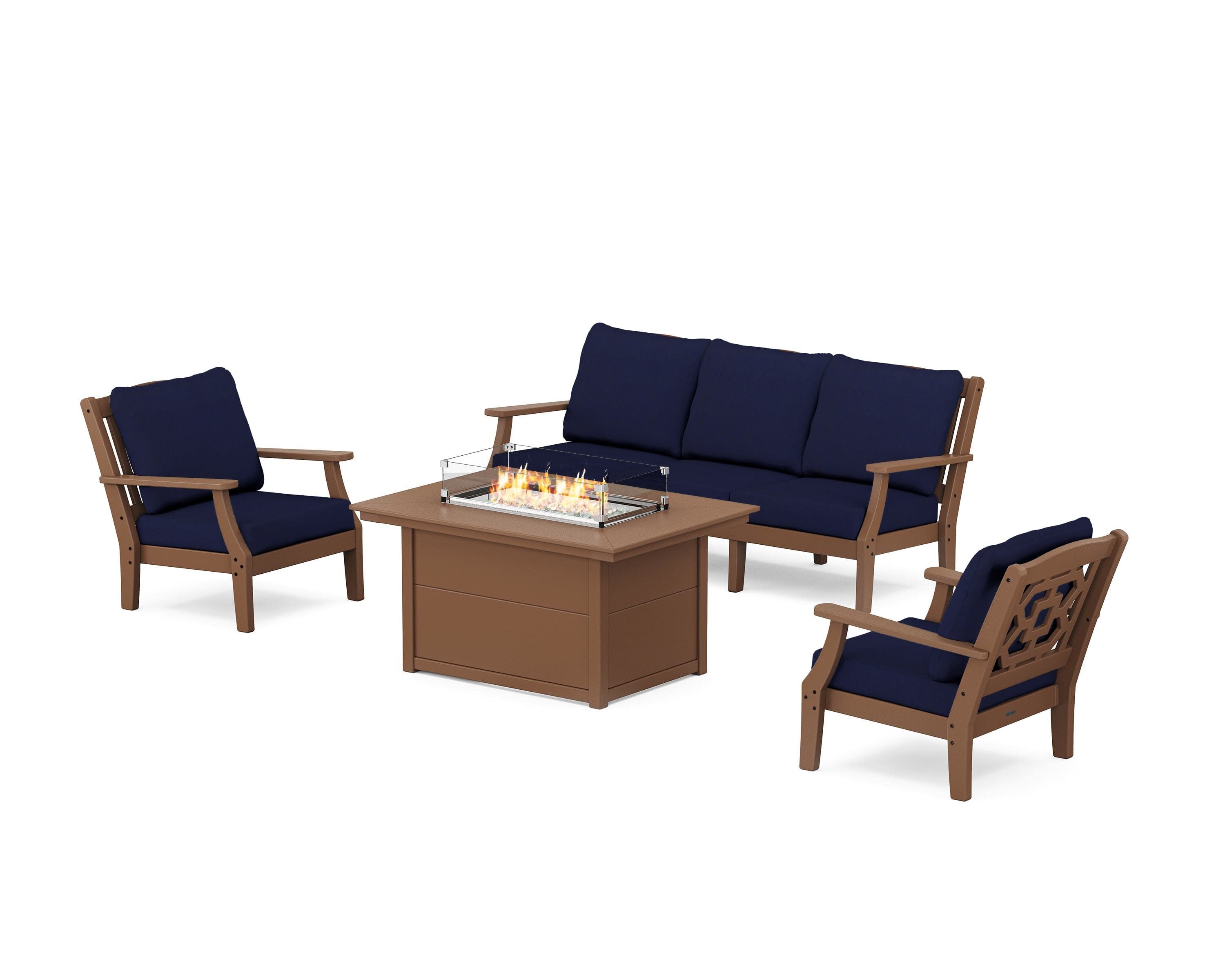 Chinoiserie Deep Seating Fire Pit Table Set in Teak / Navy