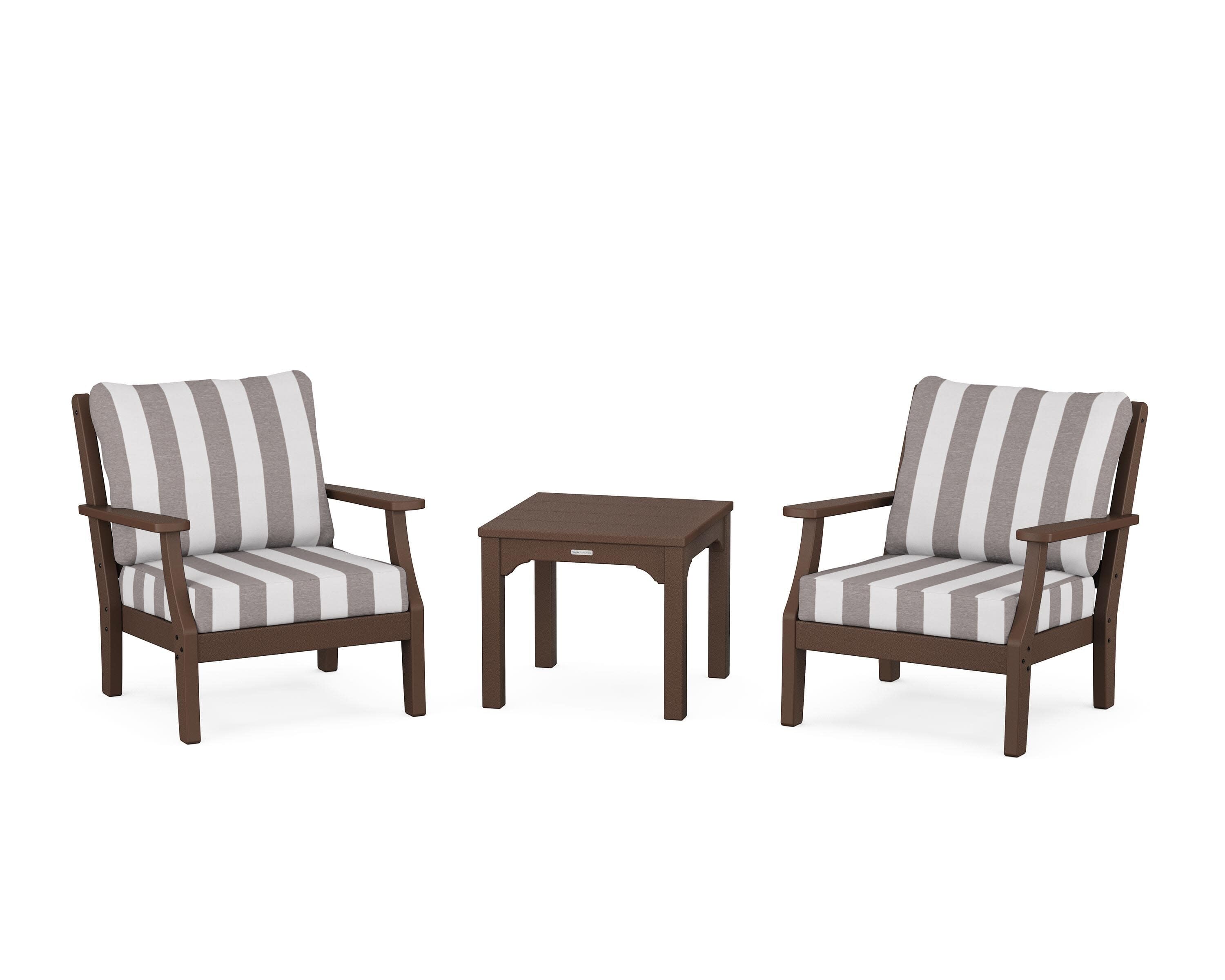 Chinoiserie 3-Piece Deep Seating Set in Mahogany / Cabana Stripe Grey Mist