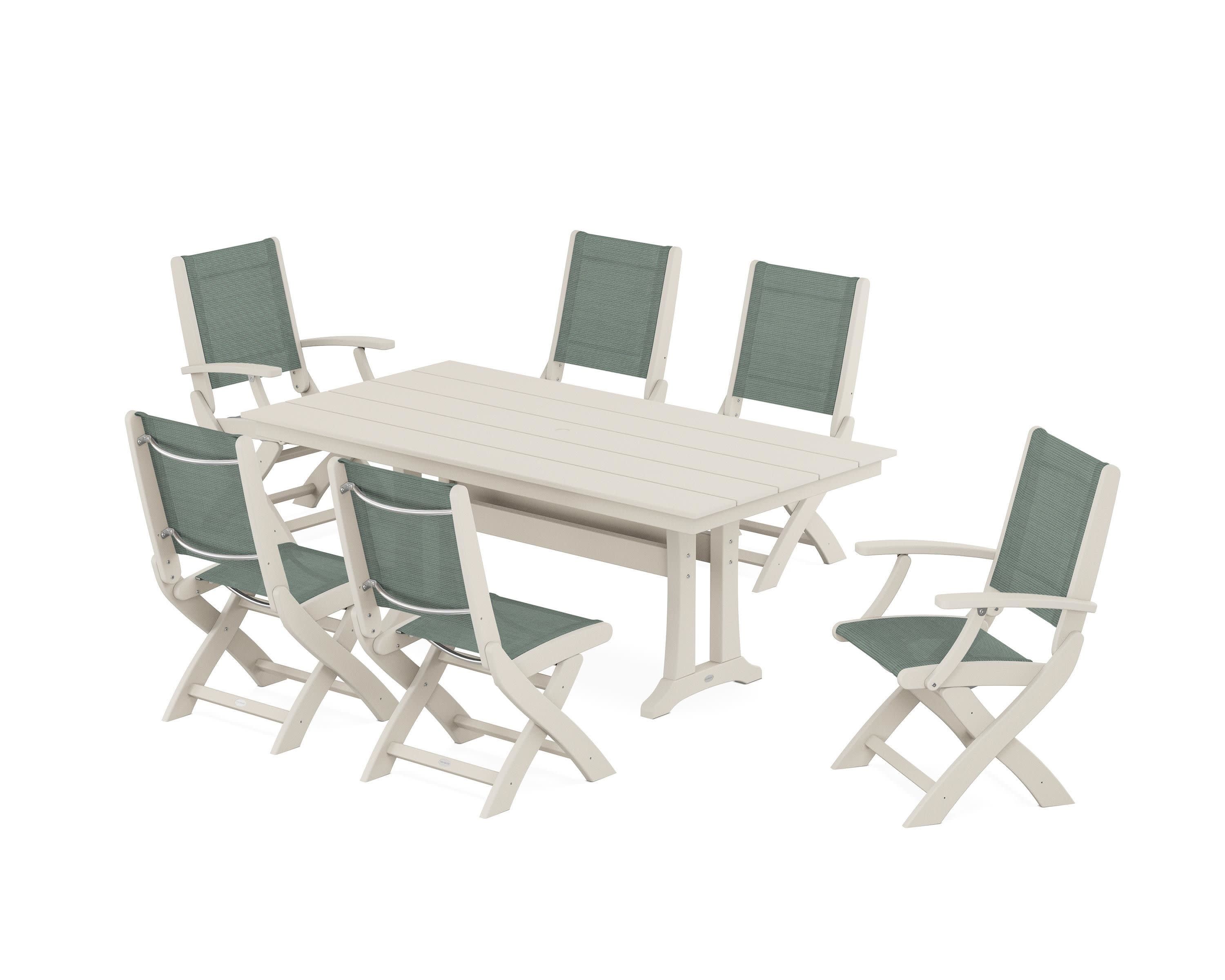 Coastal Folding Chair 7-Piece Farmhouse Dining Set with Trestle Legs in Sand / Dupioni Sea Mist Sling