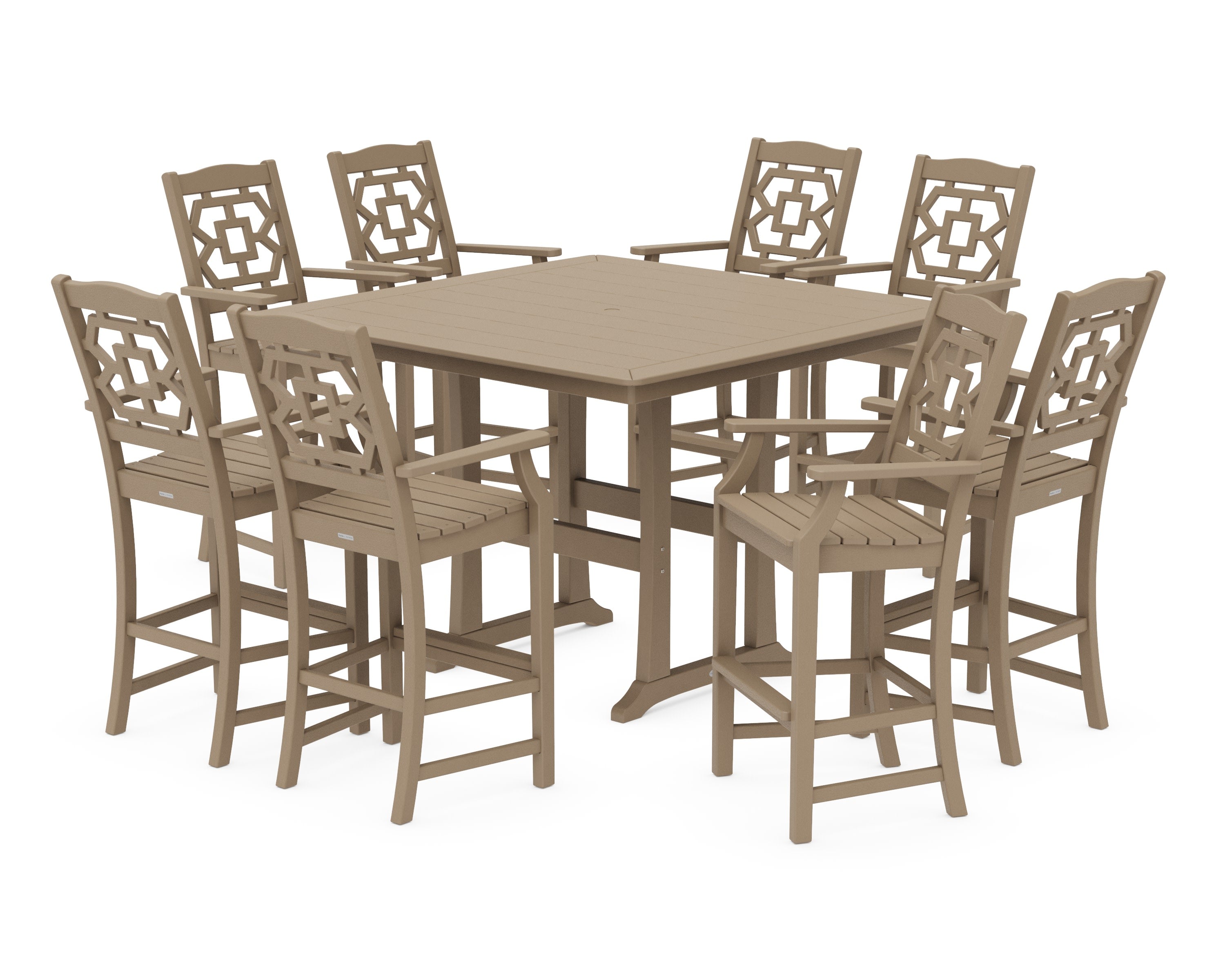 Chinoiserie 9-Piece Square Side Chair Bar Set with Trestle Legs in Vintage Sahara