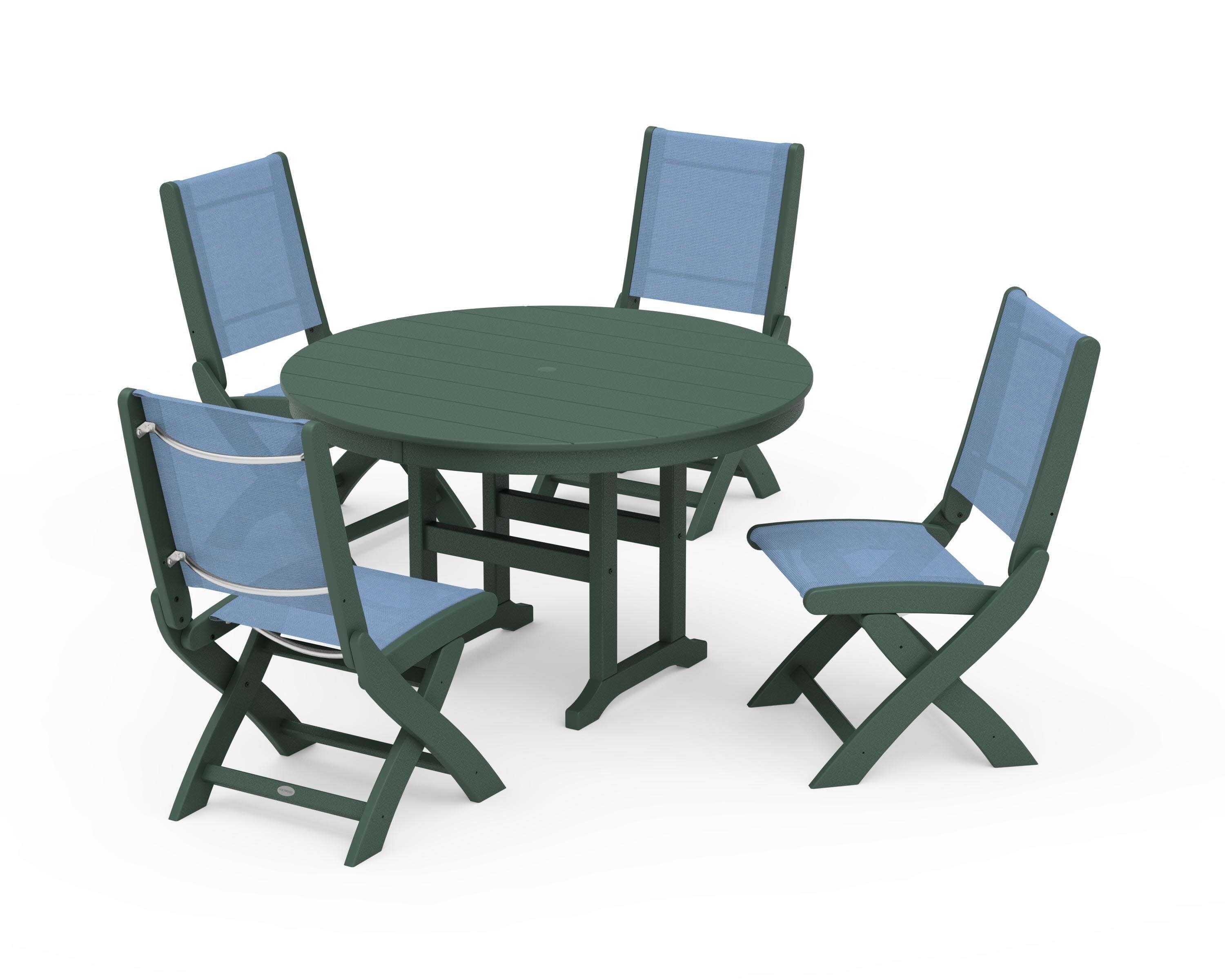 Coastal Folding Side Chair 5-Piece Round Dining Set in Green / Poolside Sling