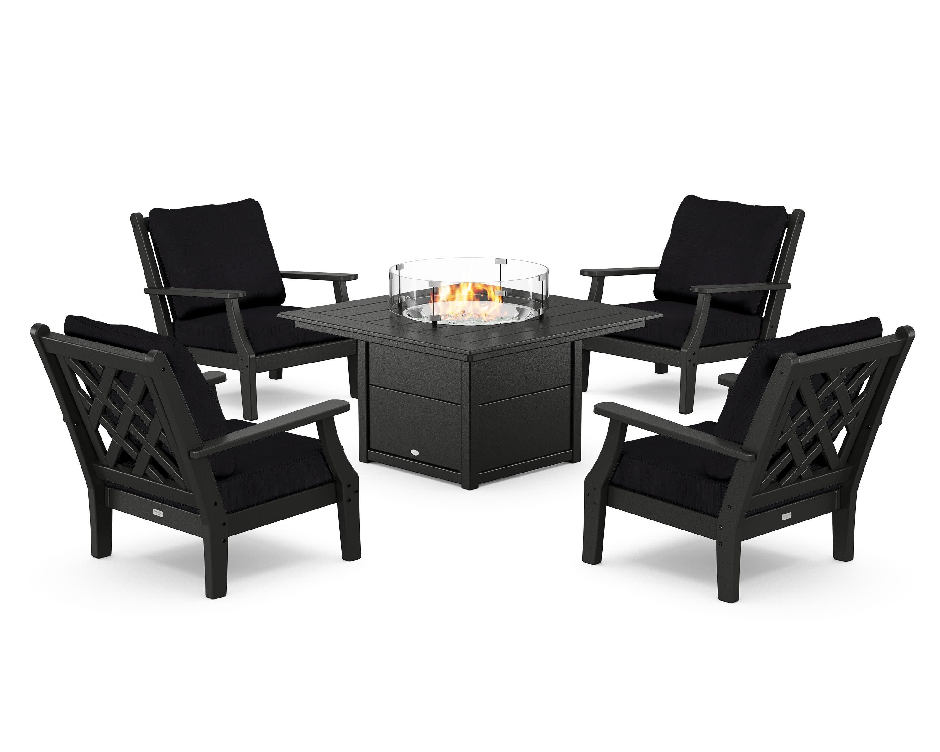 Wovendale 5-Piece Deep Seating Set with Fire Pit Table in Black / Midnight Linen