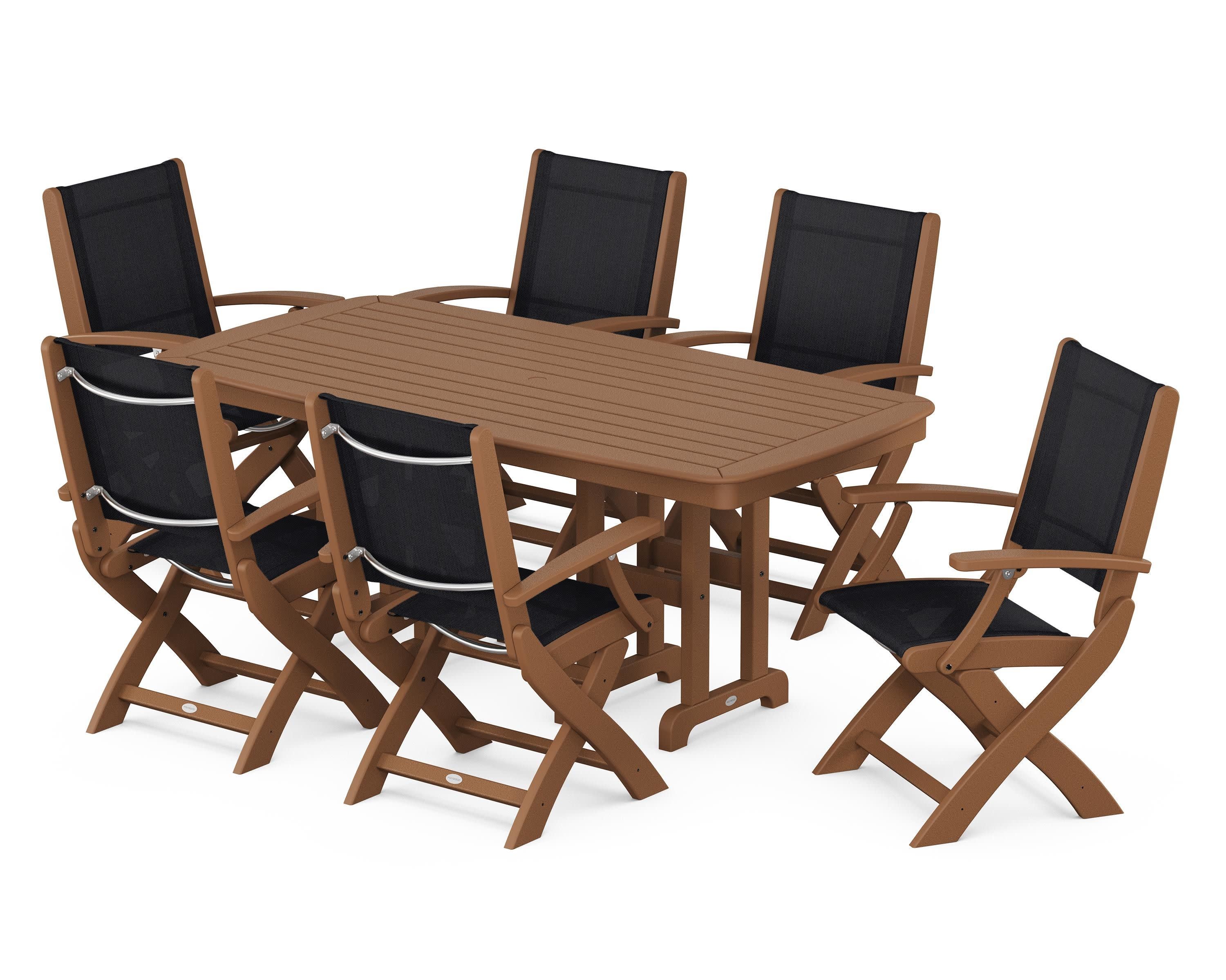 Coastal Folding Arm Chair 7-Piece Dining Set in Teak / Black Sling