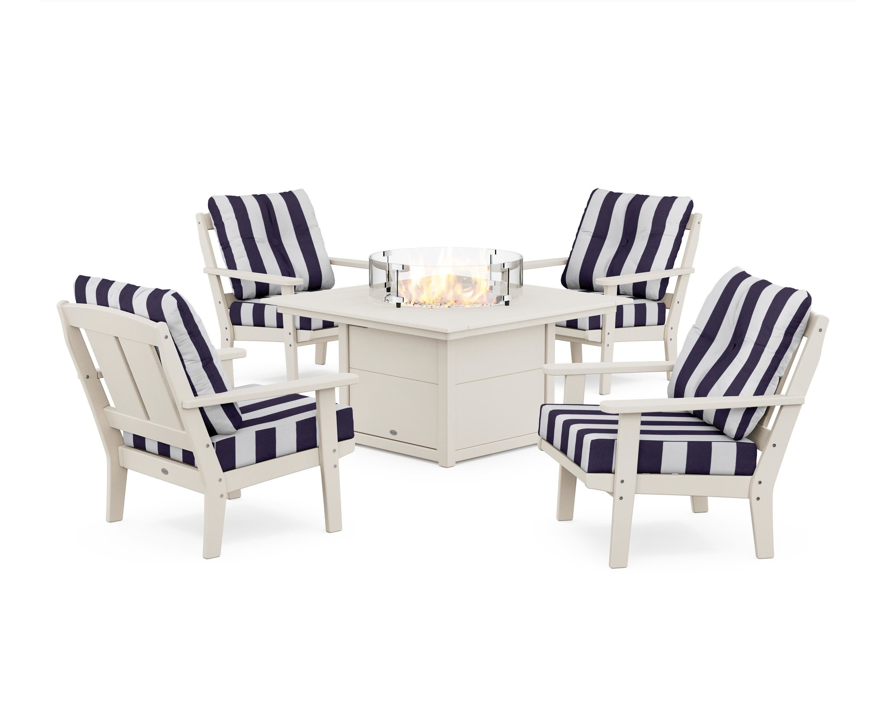 Mission 5-Piece Deep Seating Set with Fire Pit Table in Sand / Cabana Stripe Navy