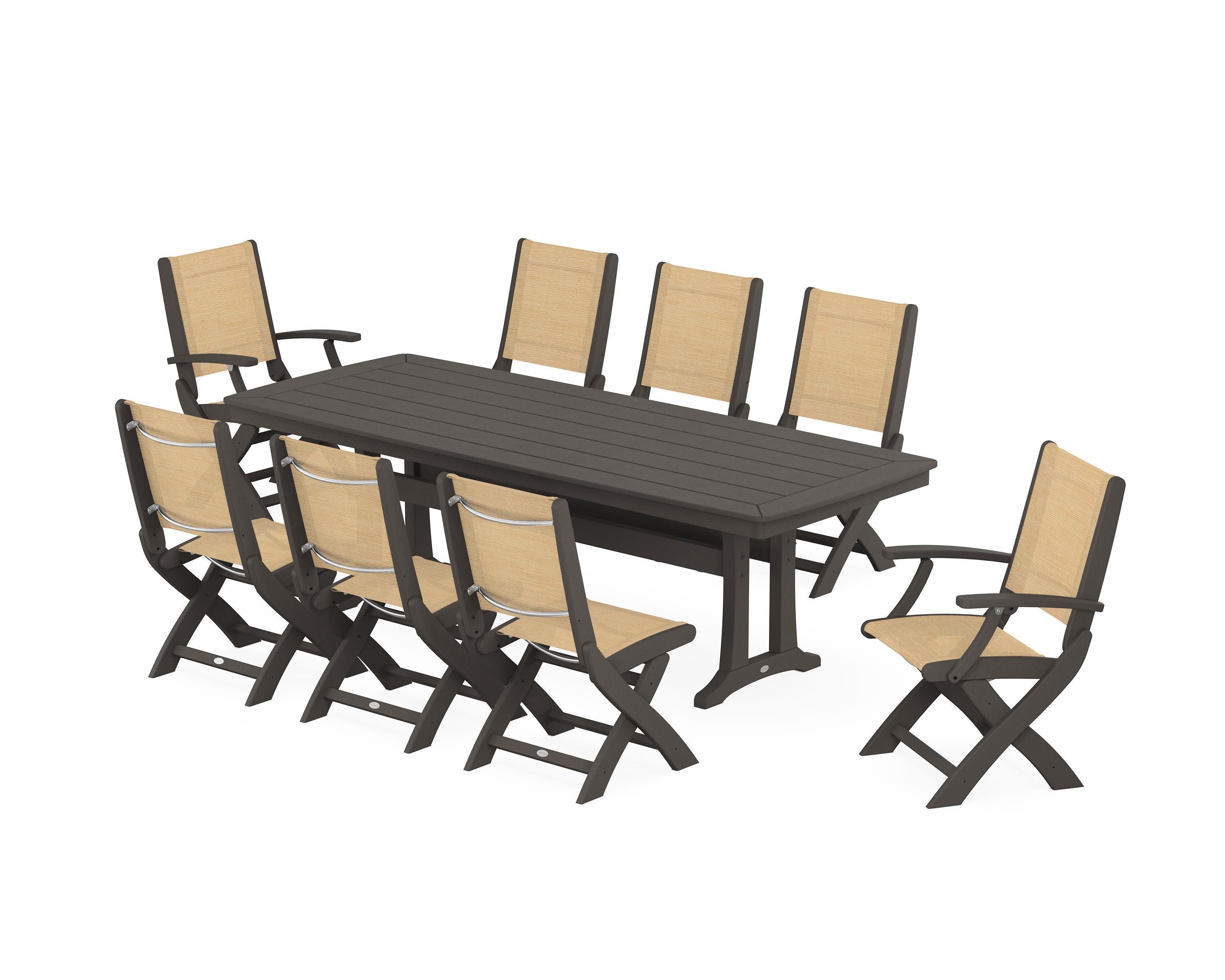 Coastal Folding 9-Piece Dining Set with Trestle Legs in Vintage Coffee / Dupioni Apricot Sling