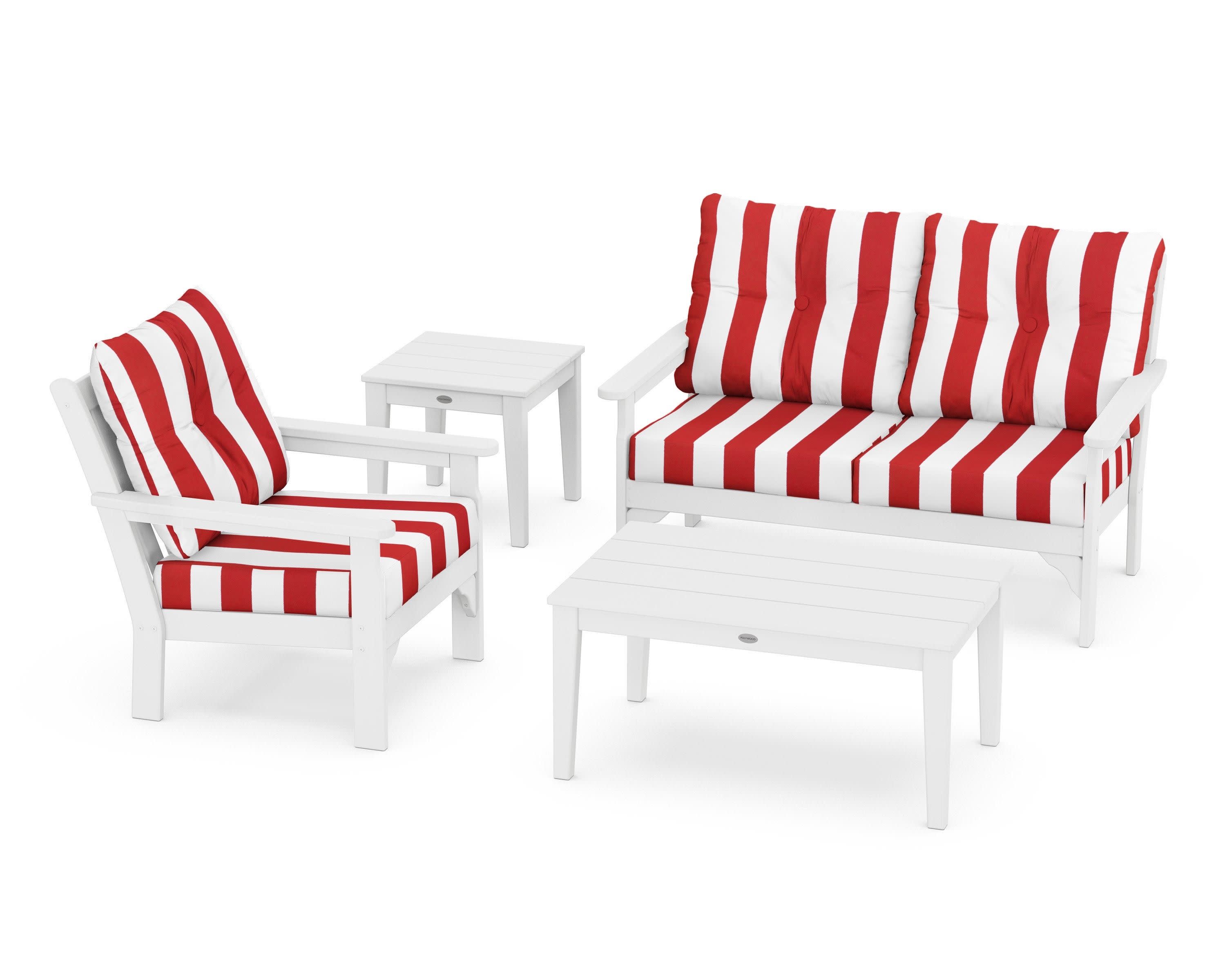 Vineyard 4-Piece Deep Seating Set in White / Cabana Stripe Crimson