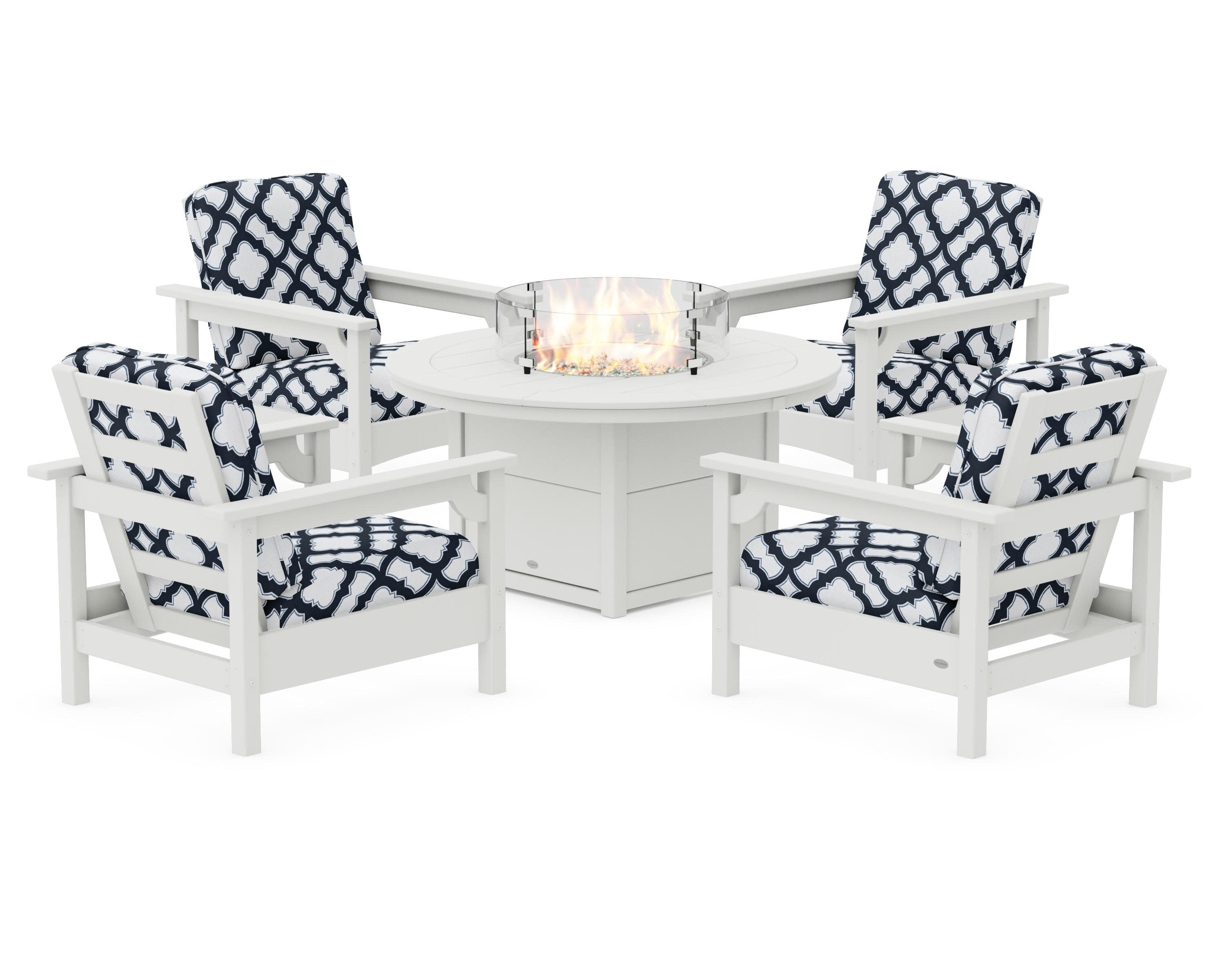 Club 5-Piece Conversation Set with Fire Pit Table in Vintage White / Trellis Marine Indigo