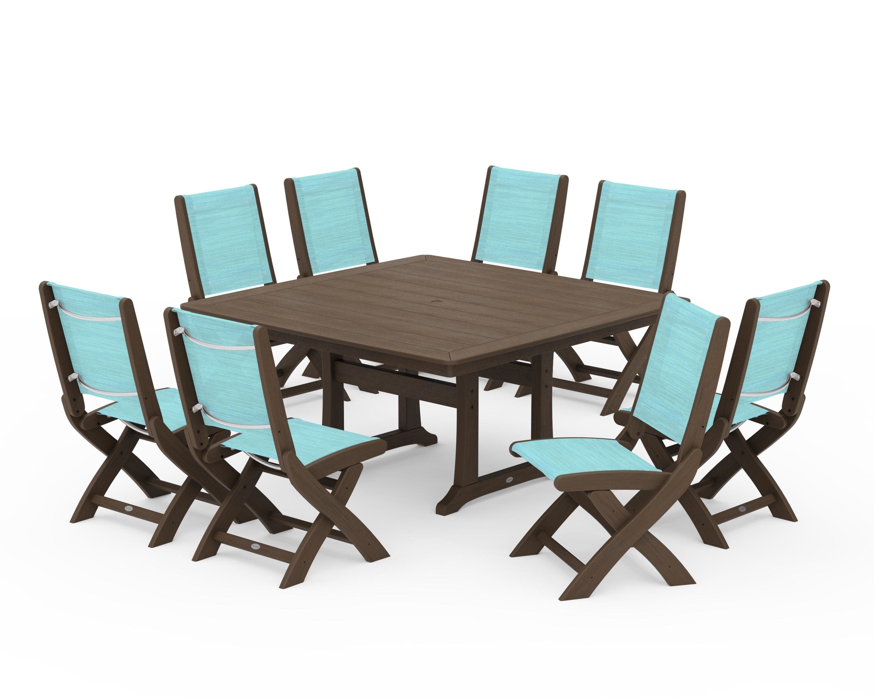 Coastal Folding Side Chair 9-Piece Dining Set with Trestle Legs in Kona / Dupioni Aquamarine Sling
