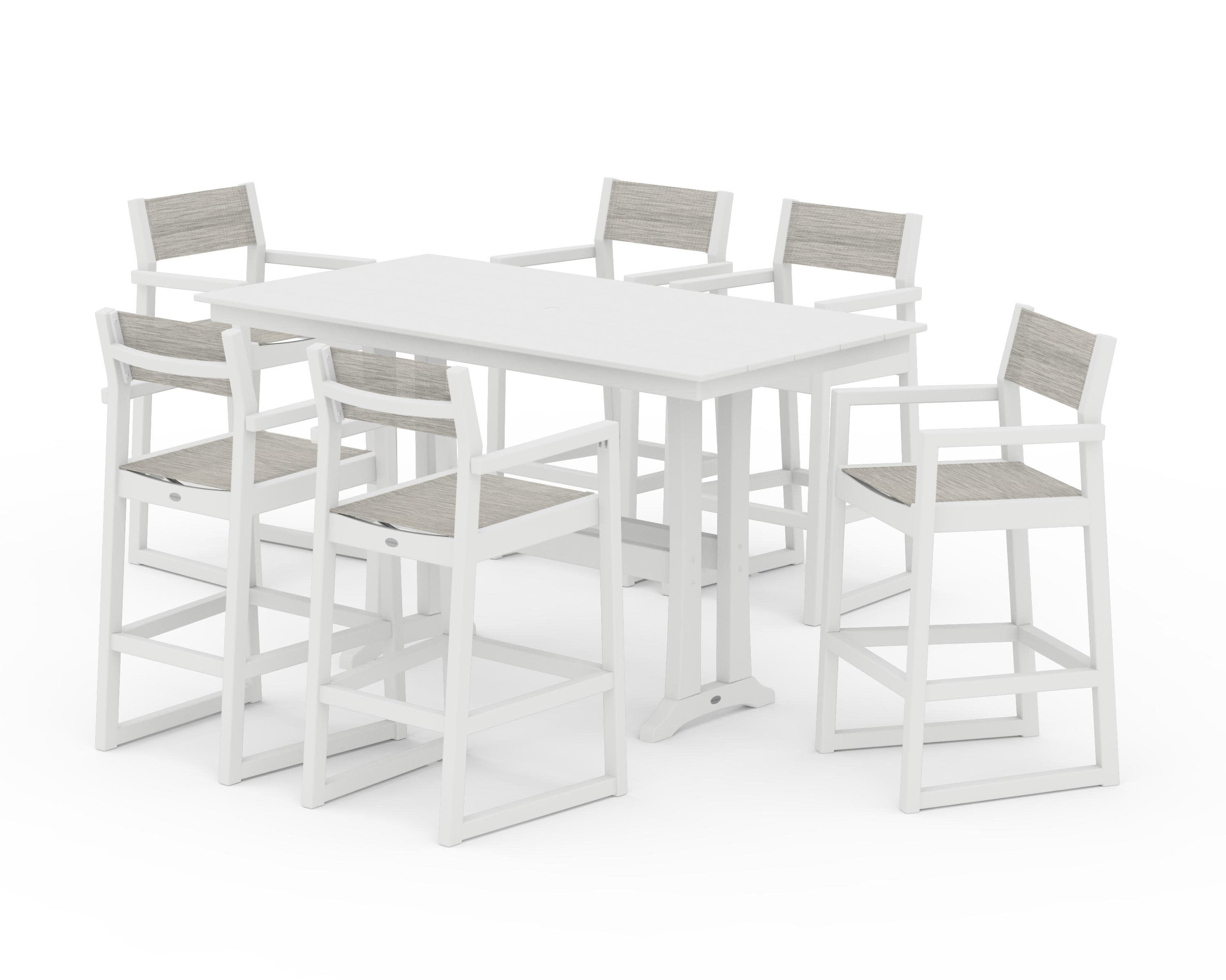 EDGE Sling Arm Chair 7-Piece Farmhouse Bar Set with Trestle Legs in White / Birch Sling