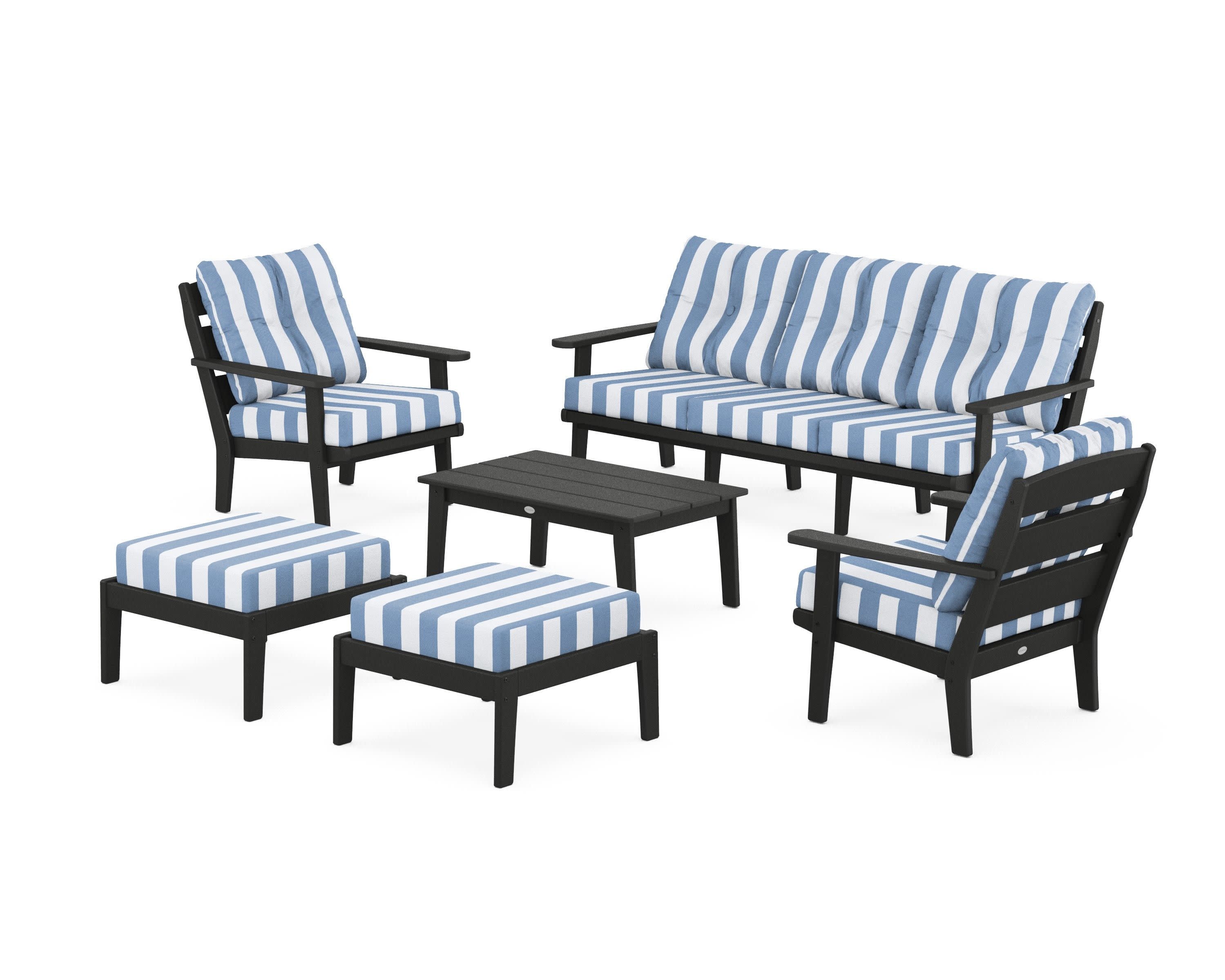 Lakeside 6-Piece Lounge Sofa Set in Black / Cabana Stripe Sky Blue