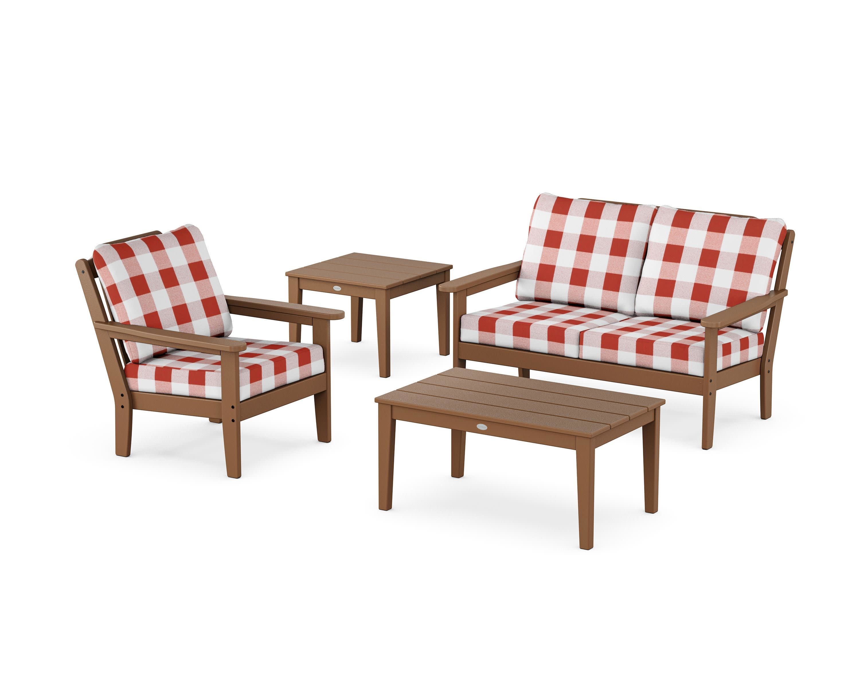 Wovendale 4-Piece Deep Seating Set in Teak / Buffalo Plaid Crimson