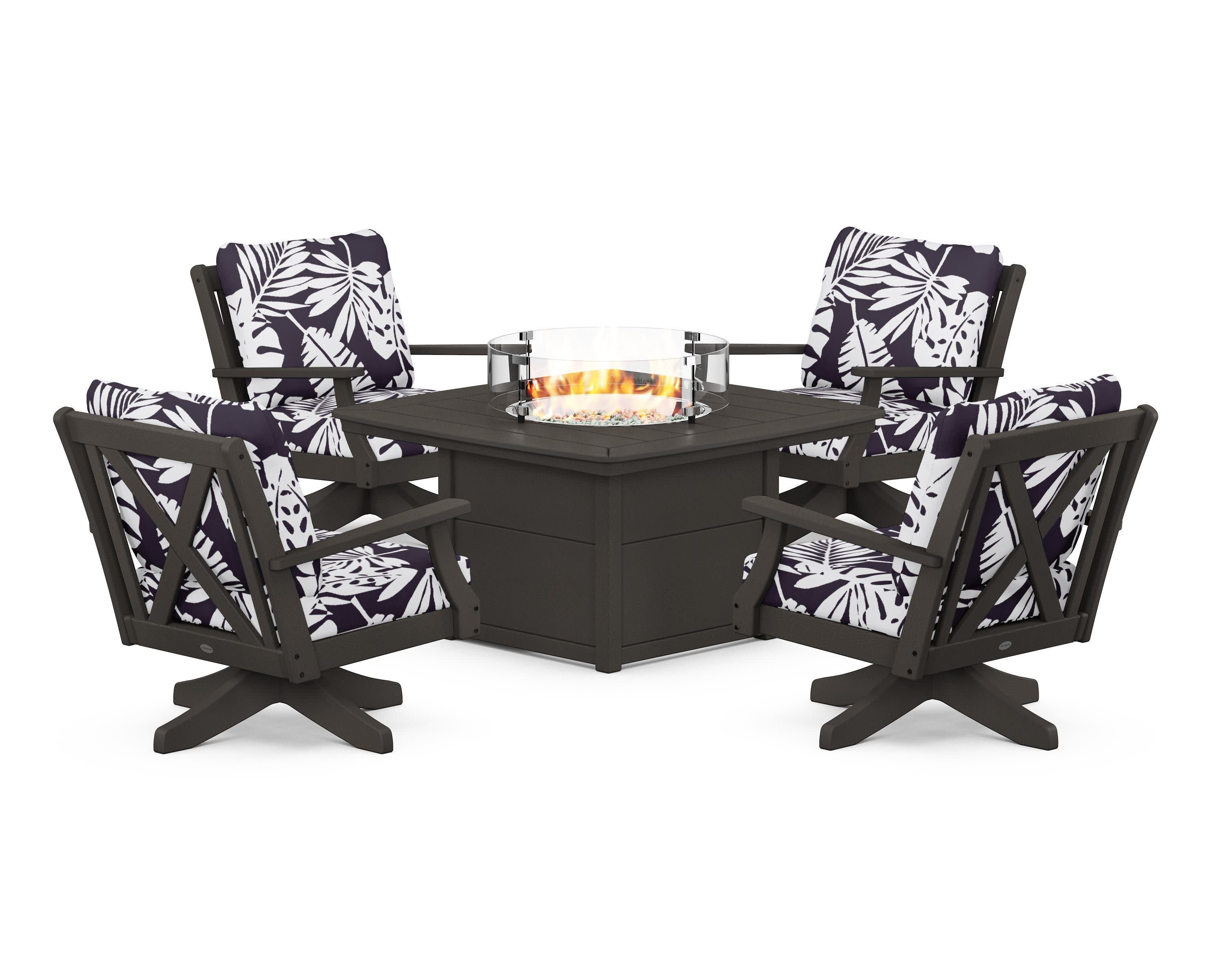 Braxton 5-Piece Deep Seating Swivel Conversation Set with Fire Pit Table in Vintage Coffee / Leaf Navy
