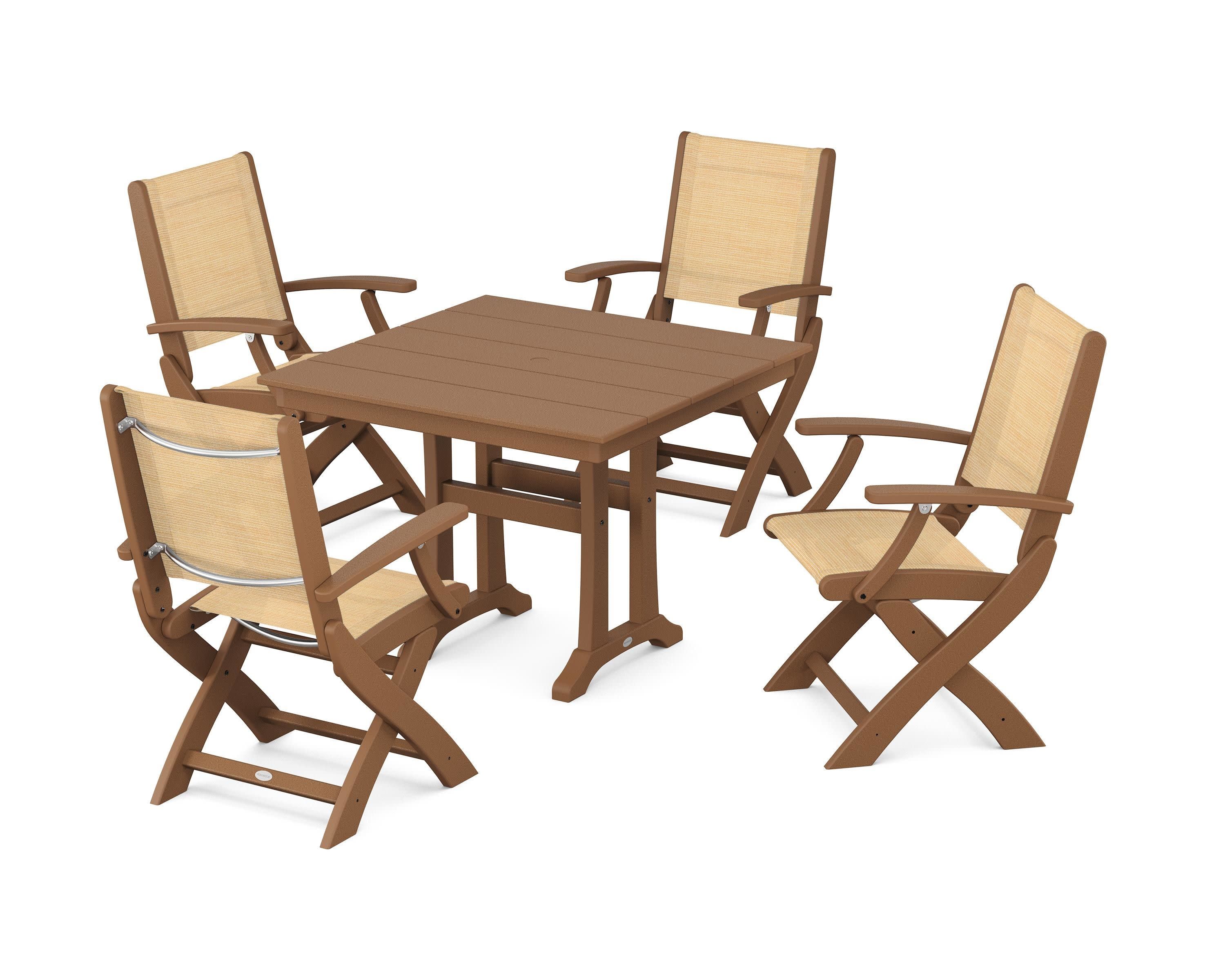 Coastal Folding Chair 5-Piece Farmhouse Dining Set With Trestle Legs in Teak / Dupioni Apricot Sling