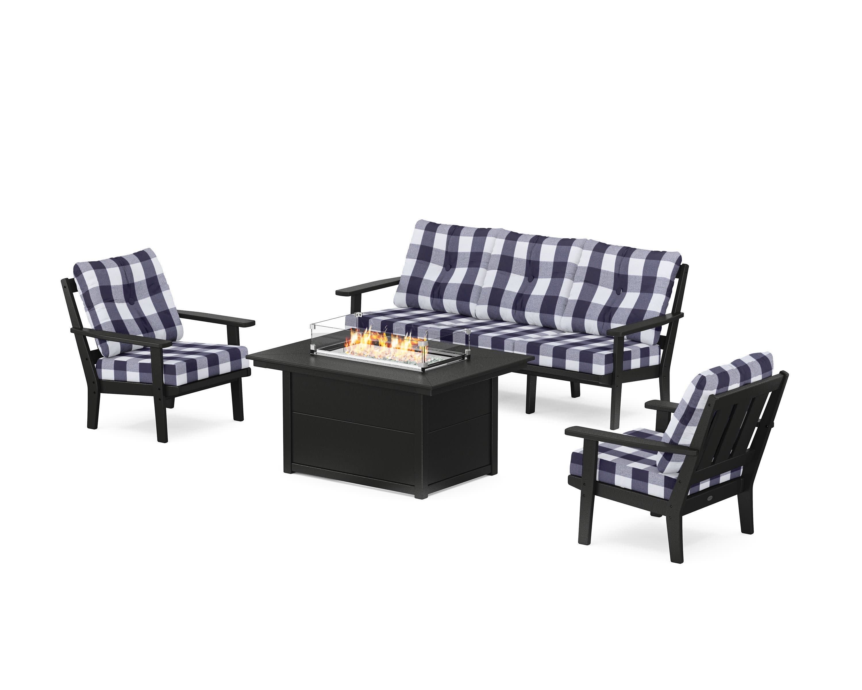Oxford Deep Seating Fire Pit Table Set in Black / Buffalo Plaid Navy