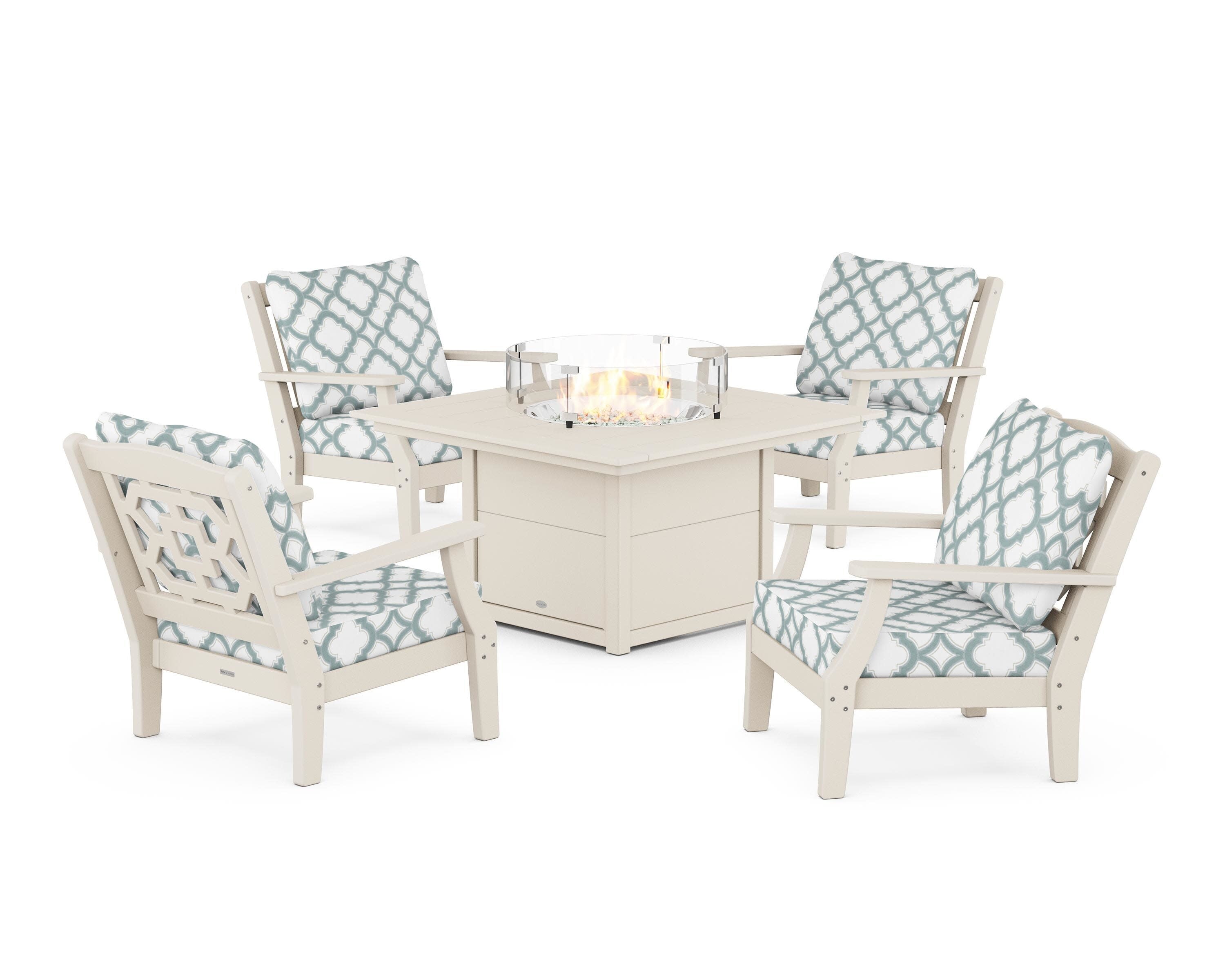 Chinoiserie 5-Piece Deep Seating Set with Fire Pit Table in Sand / Trellis Glacier Spa