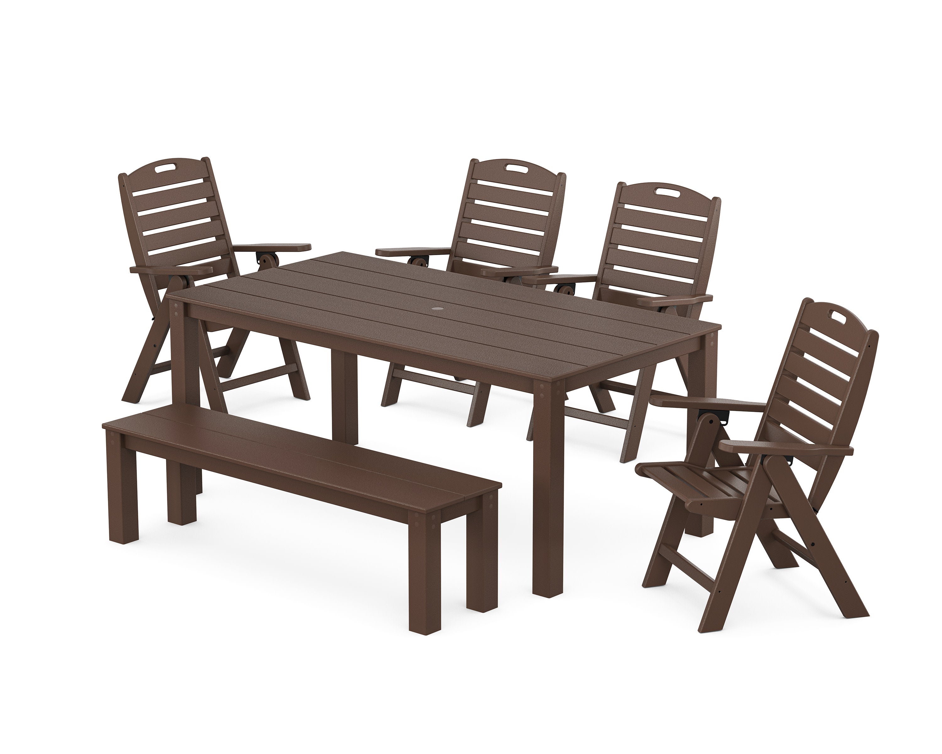 Nautical Folding Highback Chair 6-Piece Parsons Dining Set with Bench in Mahogany