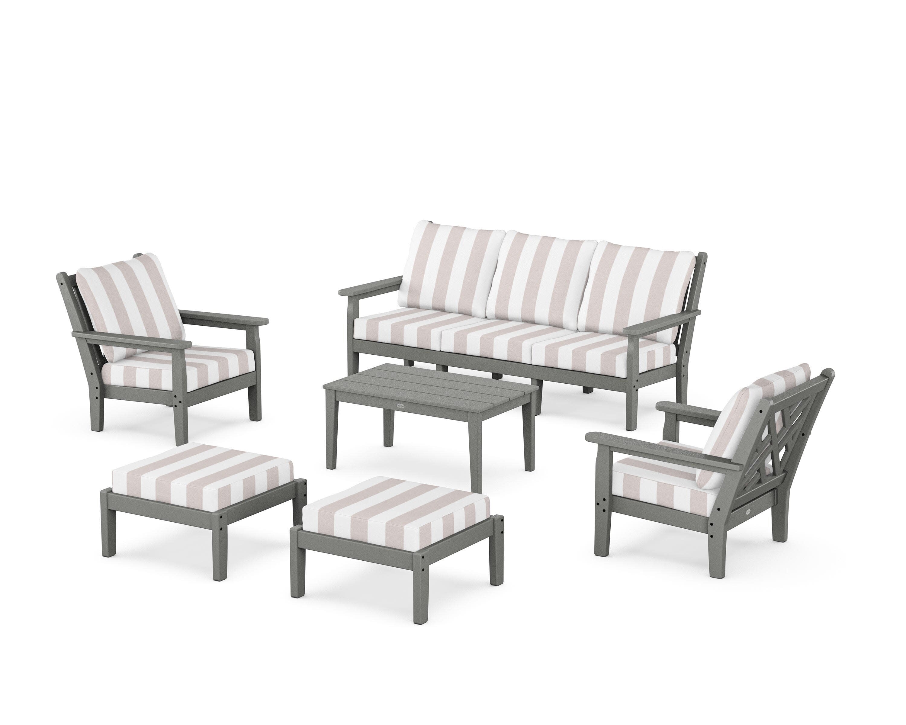 Chippendale 6-Piece Lounge Sofa Set in Slate Grey / Cabana Stripe Dune Burlap